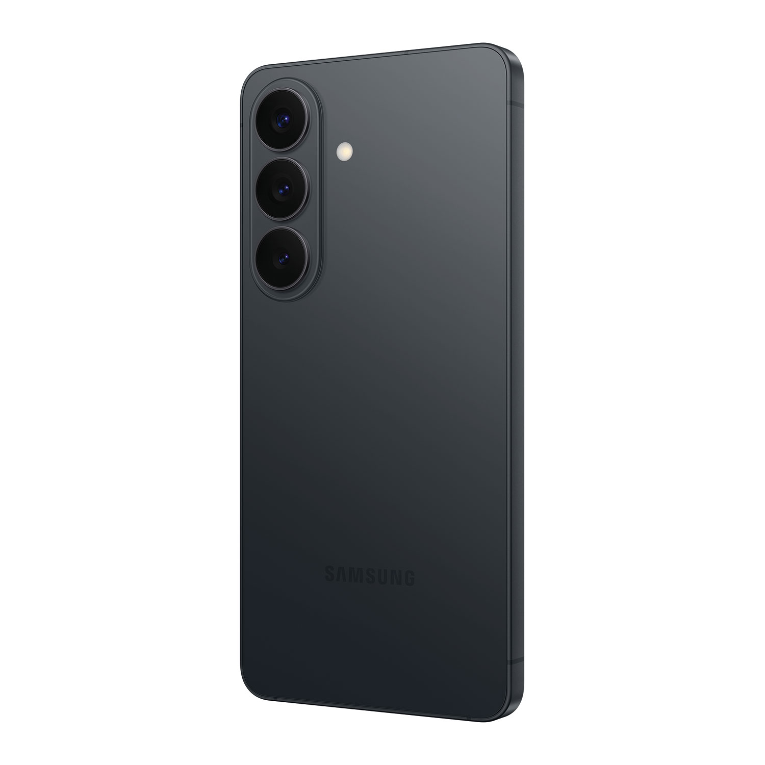 Ciemnoszary smartfon Samsung z trzema aparatami i lampą błyskową z tyłu.