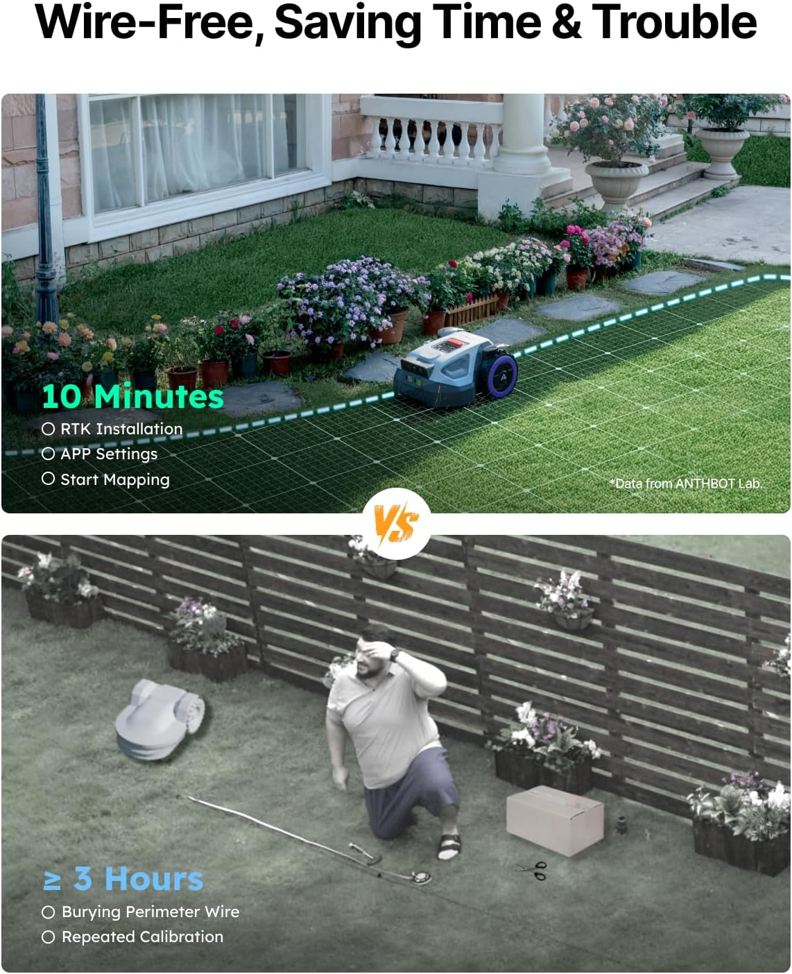 Een grasmaairobot op gras met rasterlijnen. Daarnaast een man die bukt.