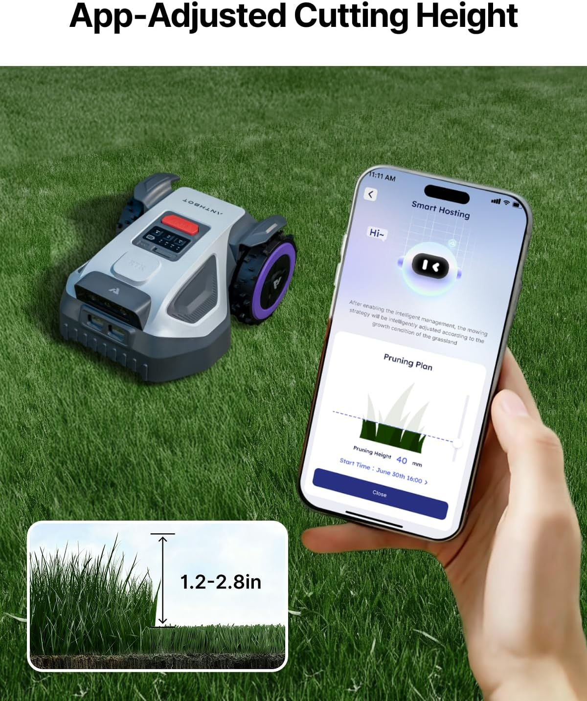 Een robotgrasmaaier en een app die grasmaaihoogte-instelling op gras toont.