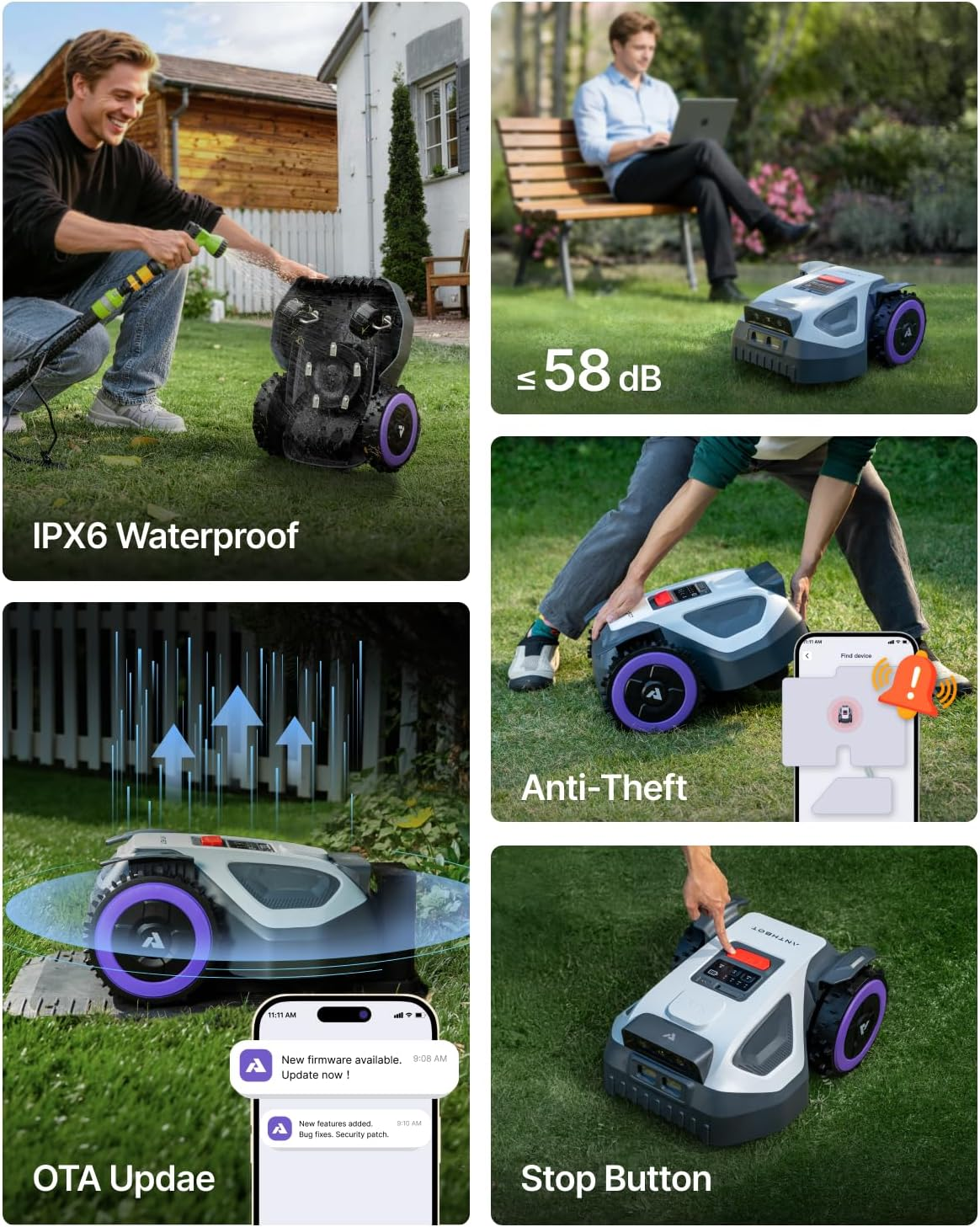 Een man sproeit een robotgrasmaaier met een slang. IPX6 waterdicht.