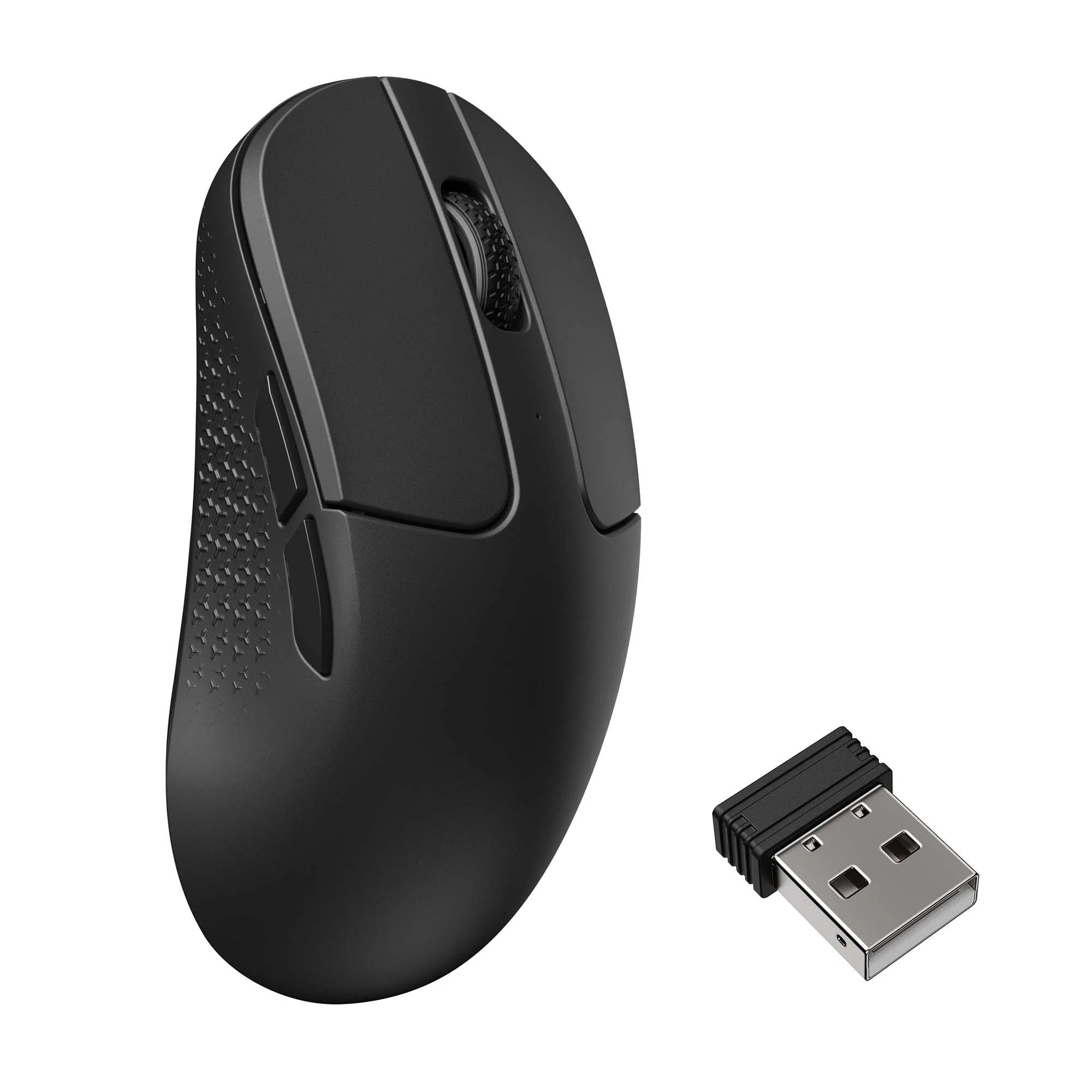 Czarna bezprzewodowa mysz komputerowa i klucz USB na białym tle.