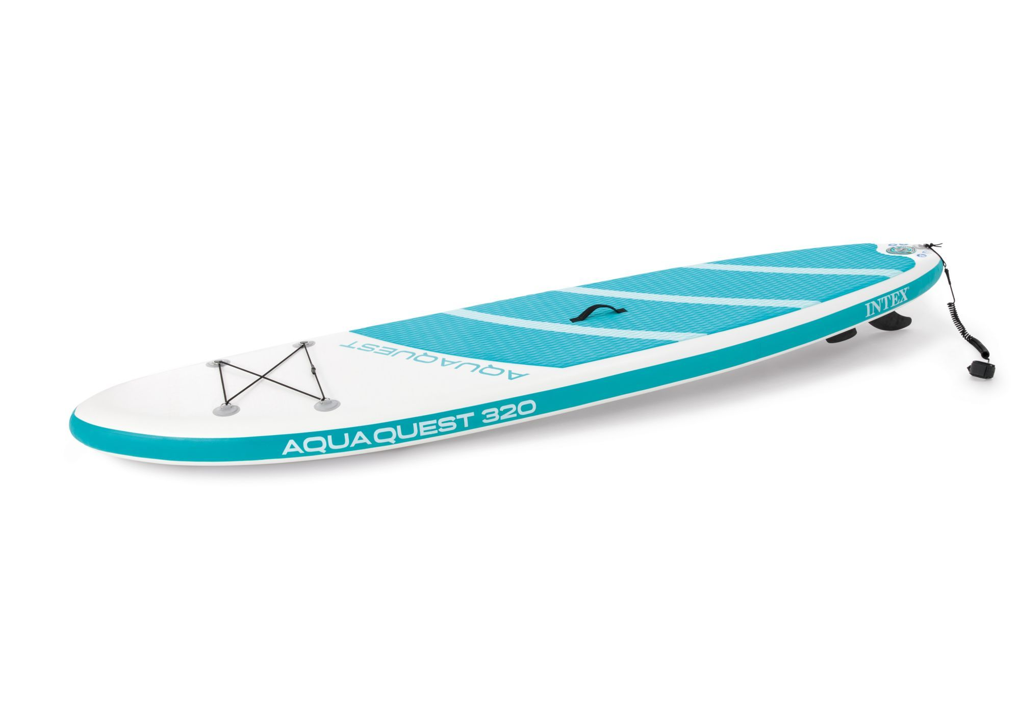 Biały nadmuchiwany paddleboard z niebieskim wzorem i liną.