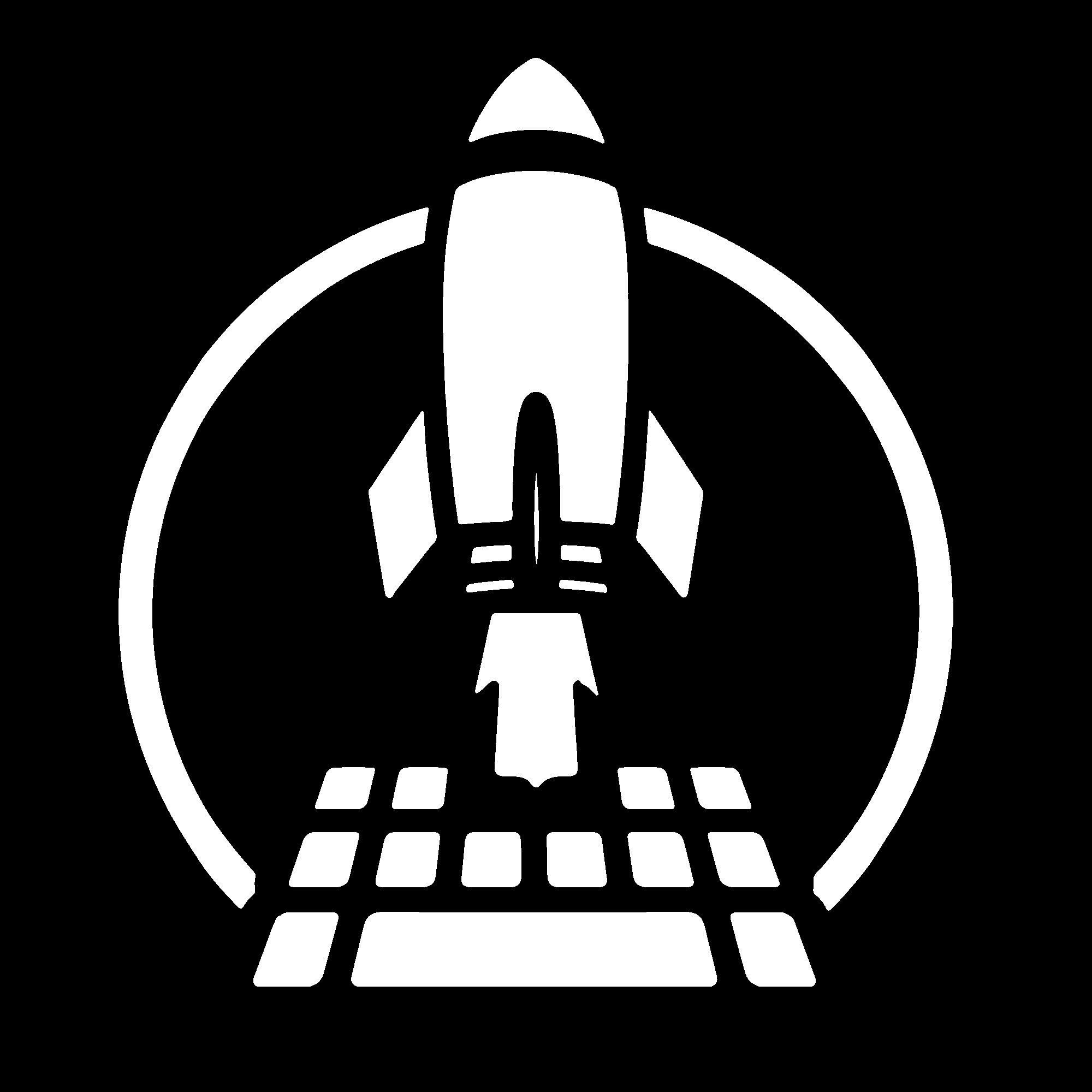 Biała rakieta startuje nad klawiaturą przed okręgiem.