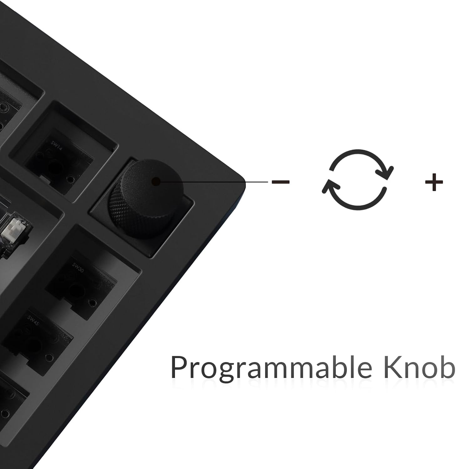 Czarno programowalna gałka na klawiaturze z gniazdami przełączników.