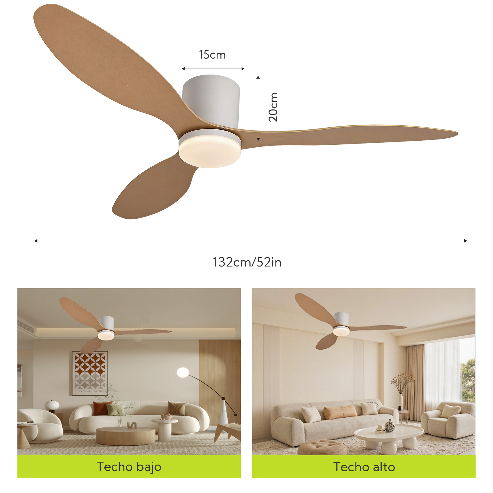 Ventilador de techo con luz, 132cm diámetro, aspas de madera y carcasa blanca.