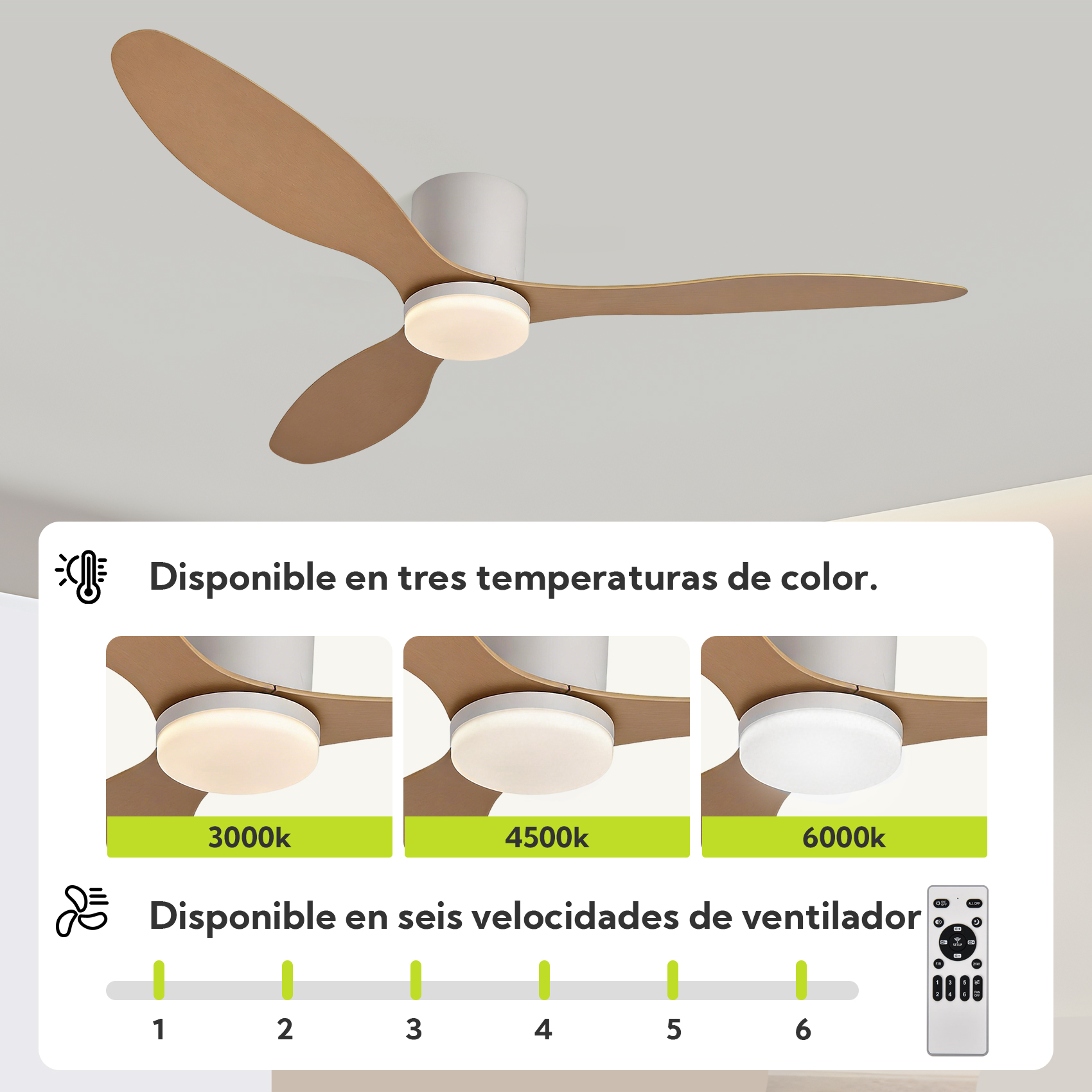 Ventilador de techo con tres aspas de madera y luz. Muestra diferentes temperaturas de color.