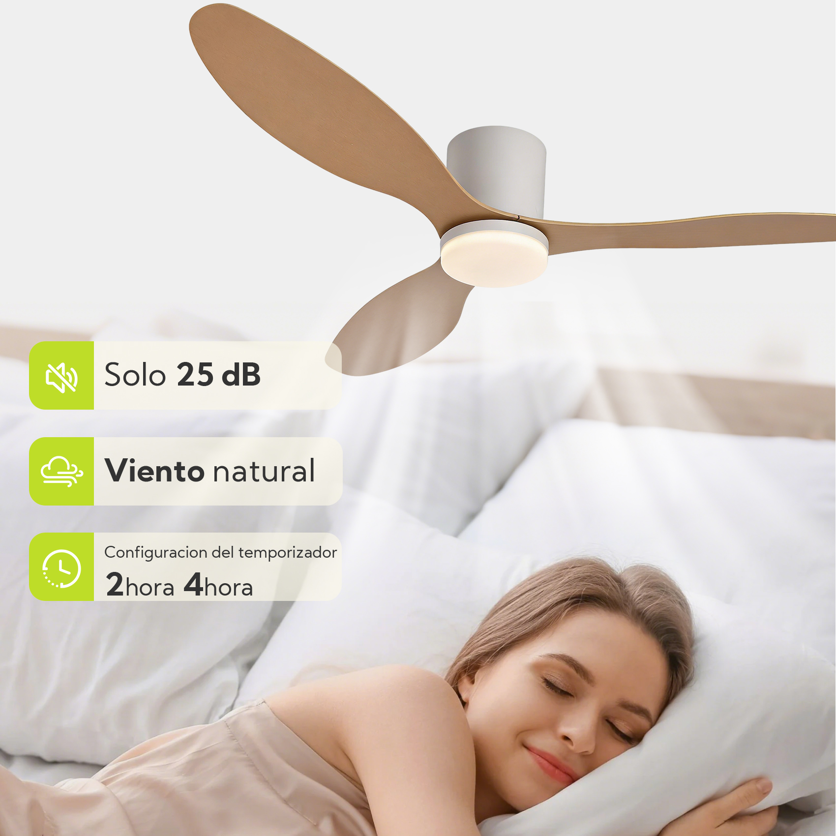 Una mujer duerme plácidamente mientras un ventilador de techo con aspas de madera flota sobre ella.