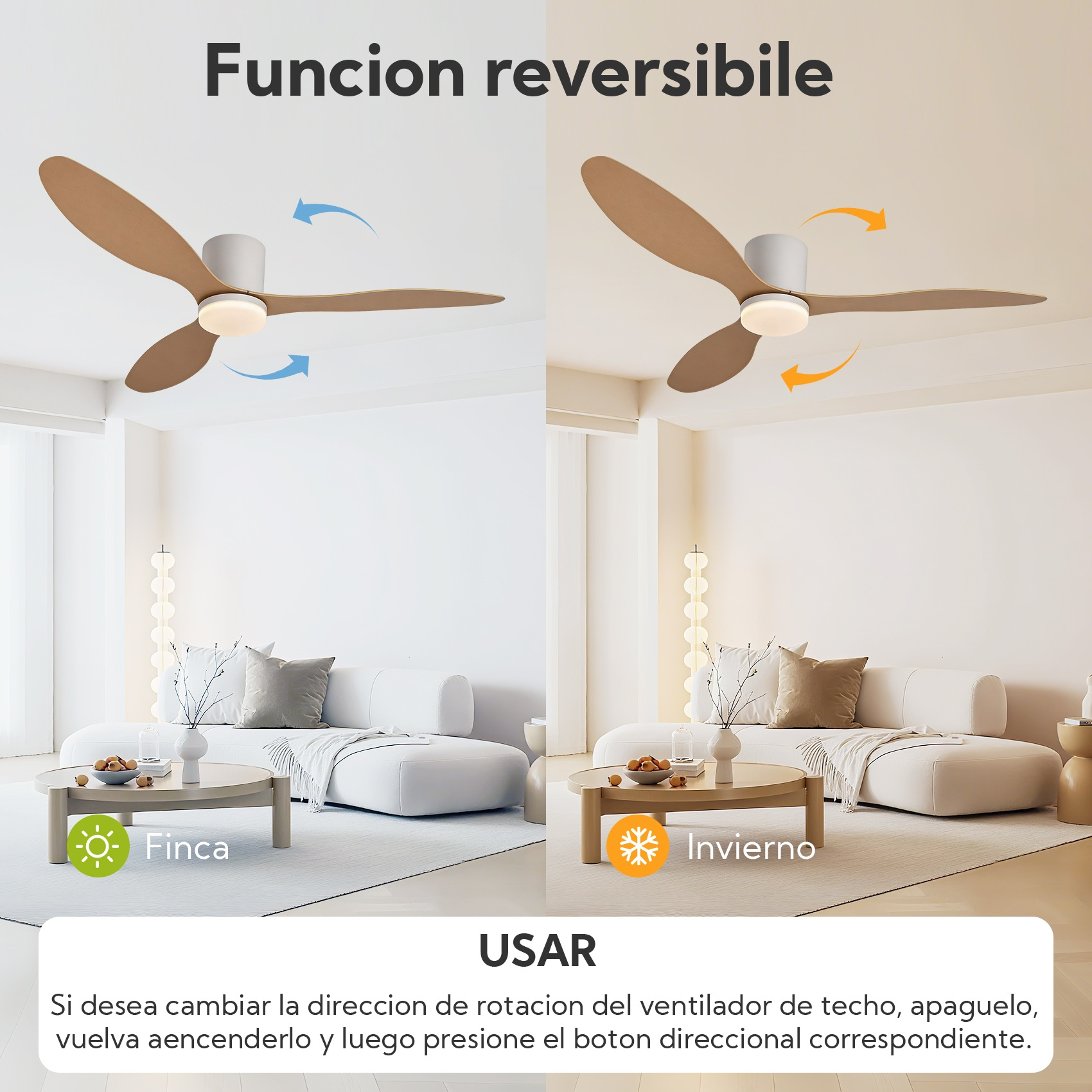 Ventilador de techo con función reversible para verano (fresco) e invierno (cálido).