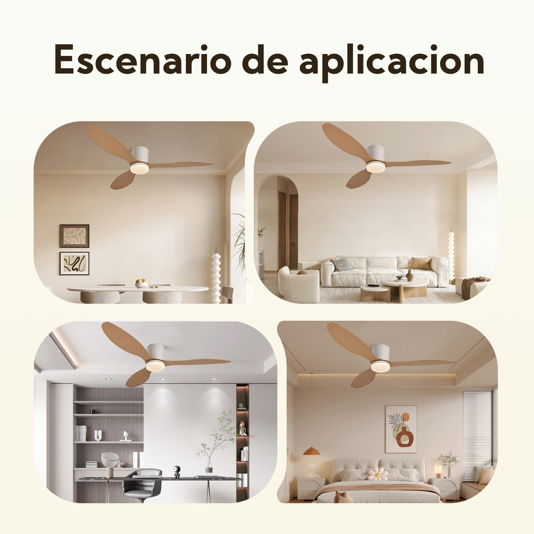 Ventilador de techo con aspas de madera en cuatro ambientes distintos.