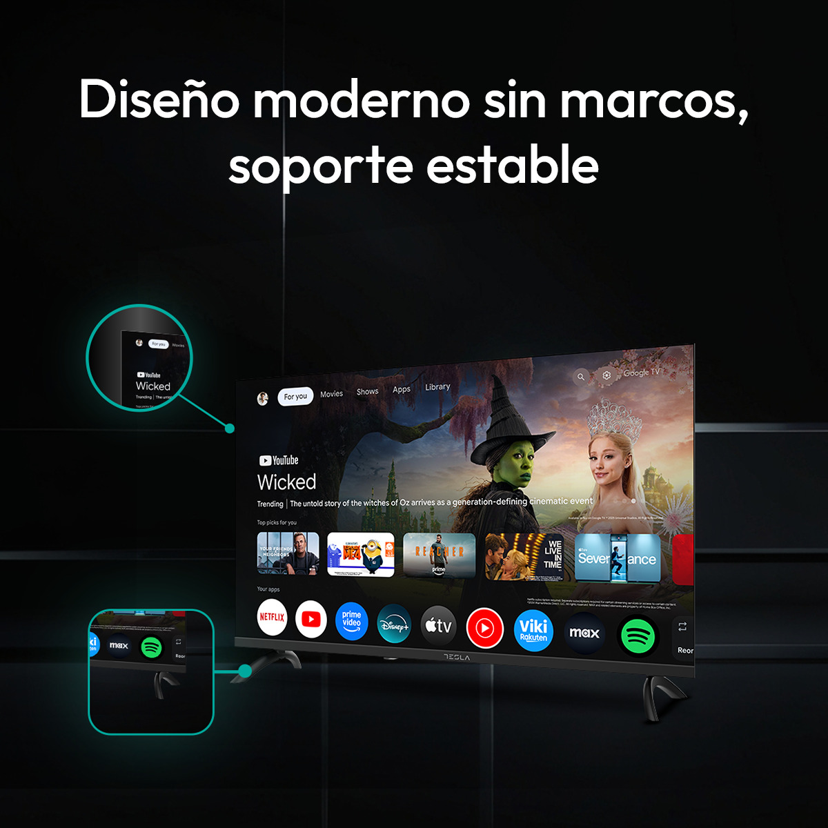 TV moderno sin marco con soporte estable, mostrando interfaz de apps.