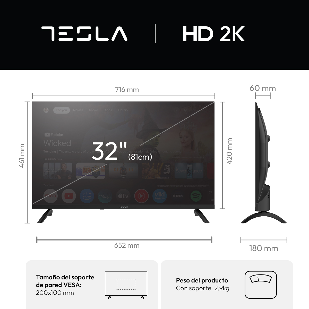 Un televisor Tesla de 32 pulgadas con resolución HD 2K, vista lateral y dimensiones.