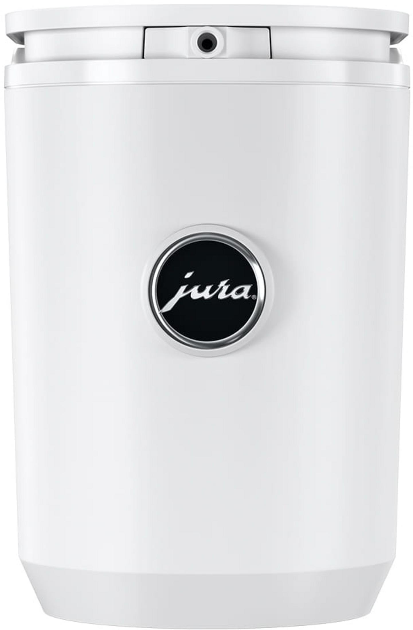 Macchina da caffè Jura bianca con logo argentato sul davanti.