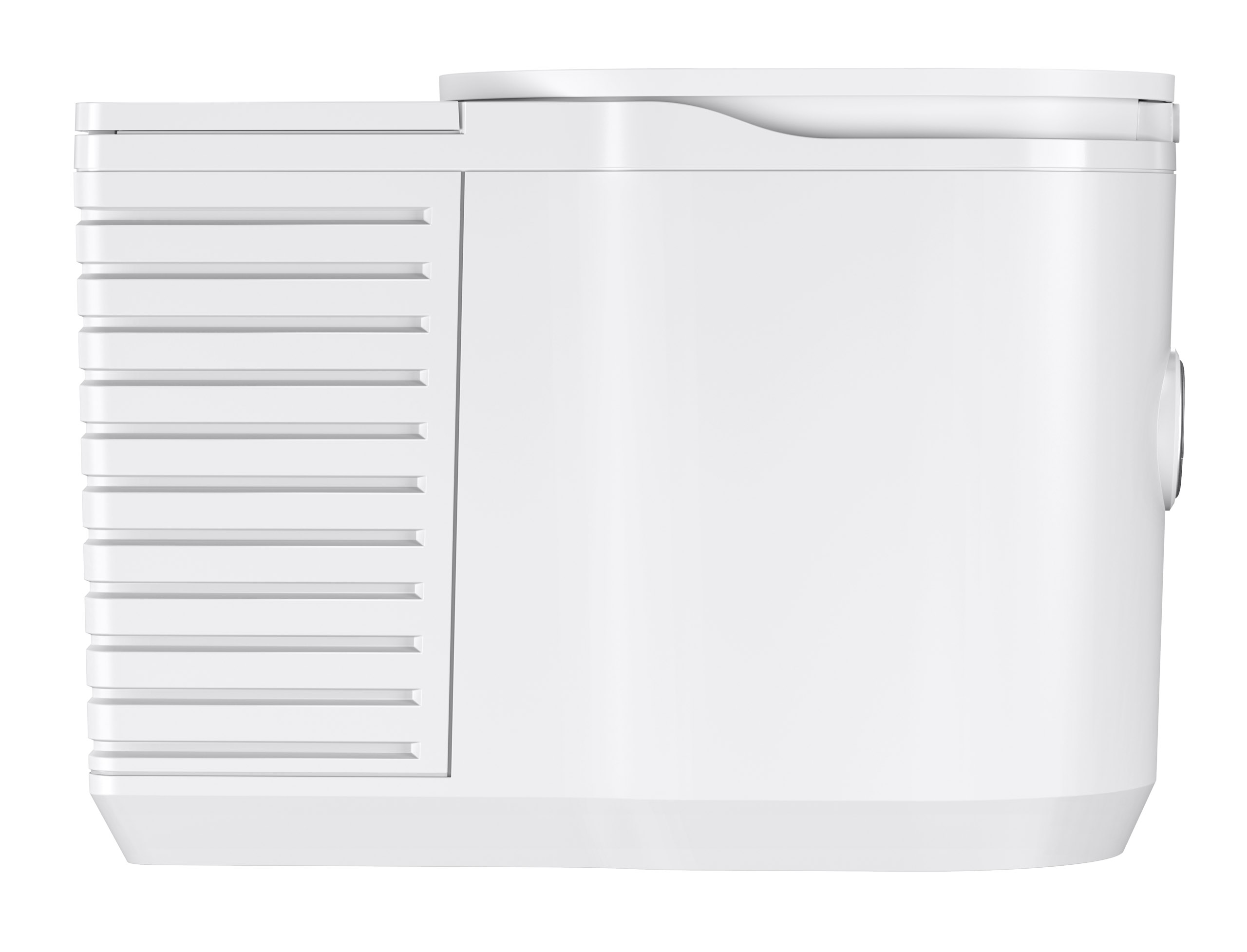 Un contenitore bianco rettangolare con scanalature orizzontali a sinistra e un elemento rotondo a destra.