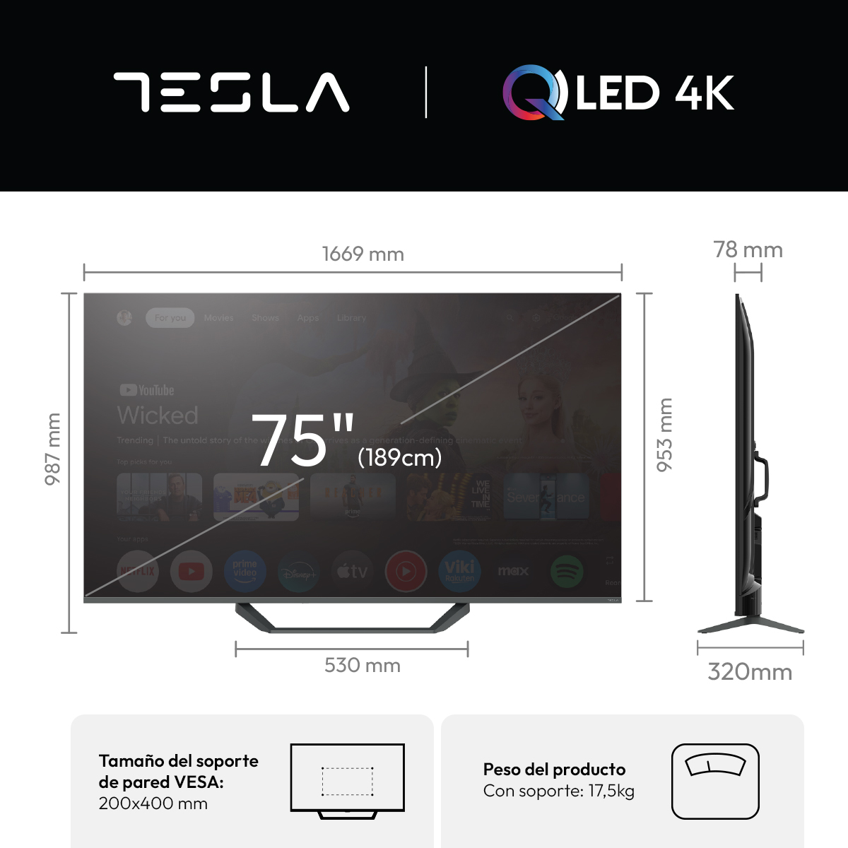 Un televisor Tesla QLED 4K de 75 pulgadas con dimensiones y apps.