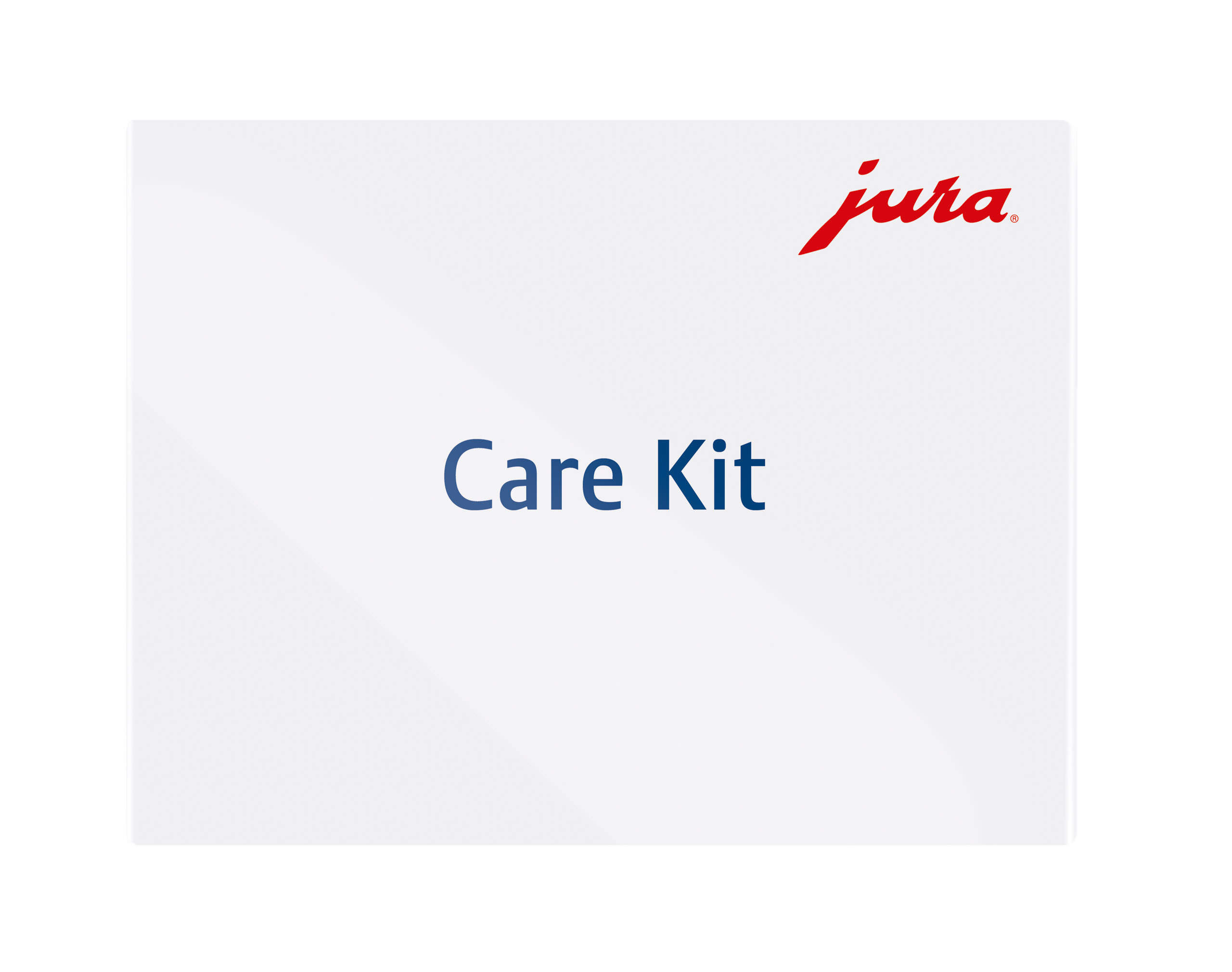 Confezione bianca con logo rosso Jura e testo blu scuro 'Care Kit'.