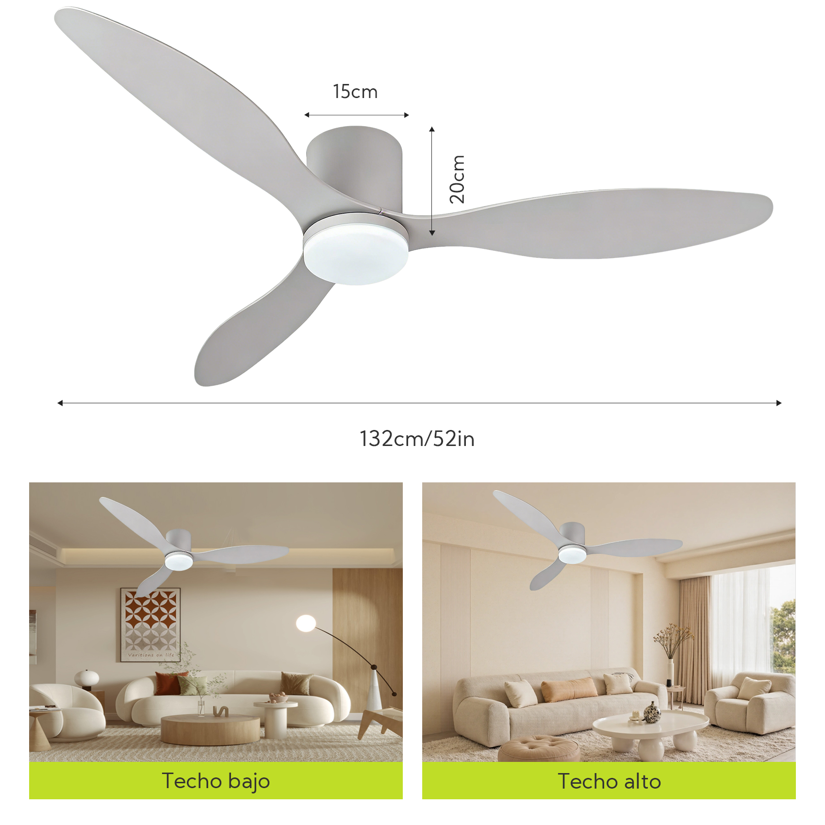Ventilador de techo gris con luz, 132cm de ancho, instalado en salas.