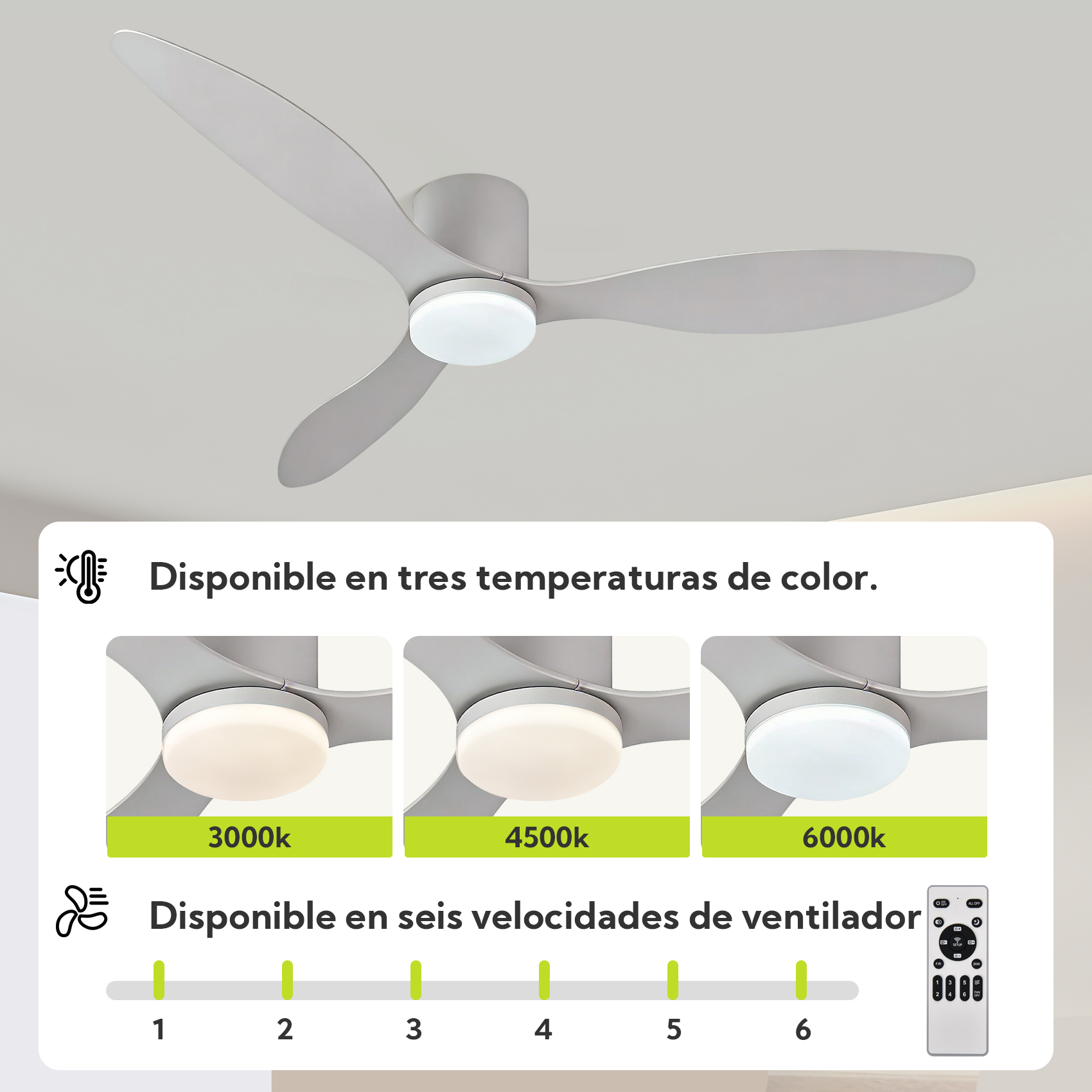 Ventilador de techo gris con luz LED muestra 3 temperaturas de color y 6 velocidades.