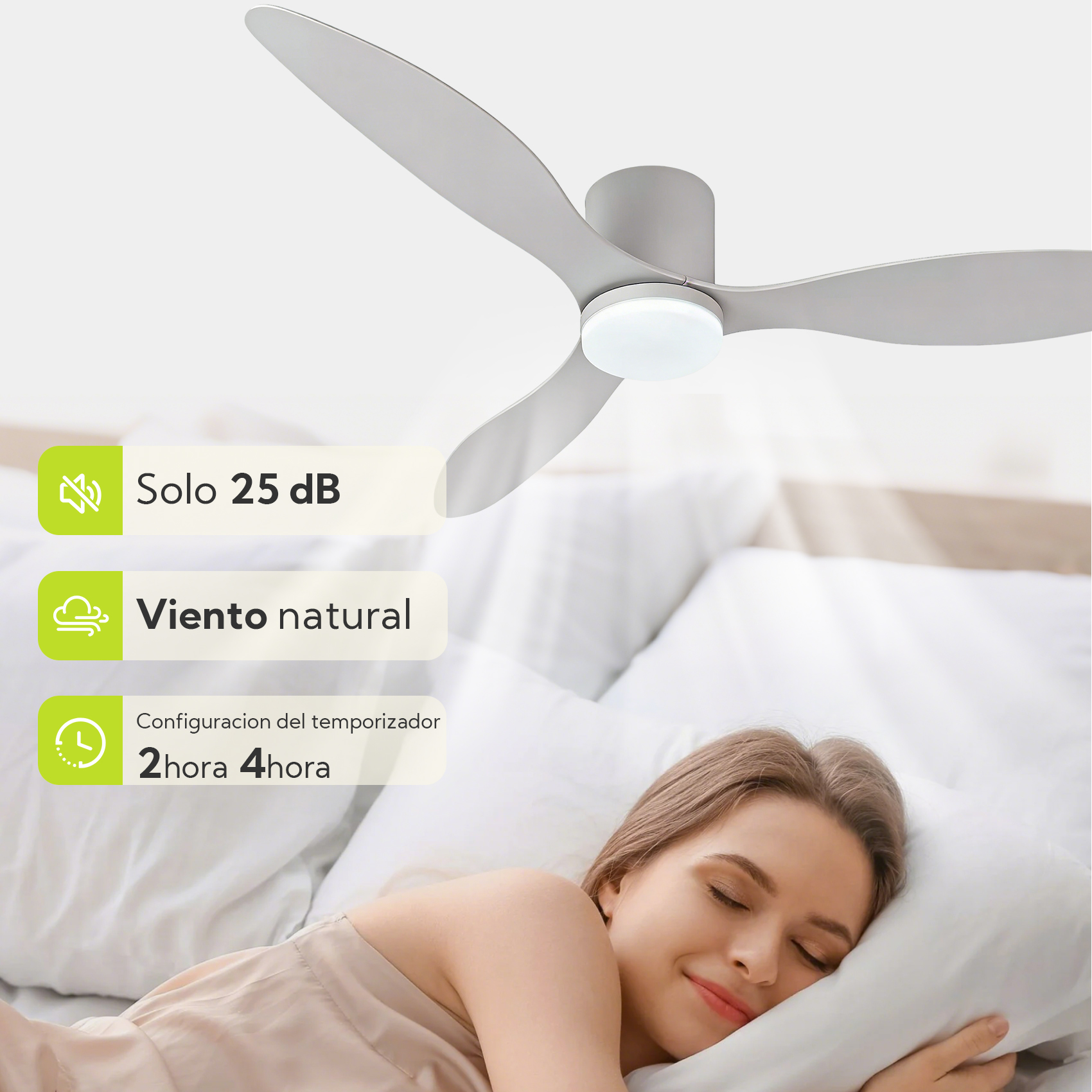 Un ventilador de techo moderno con luz sobre una mujer durmiendo.