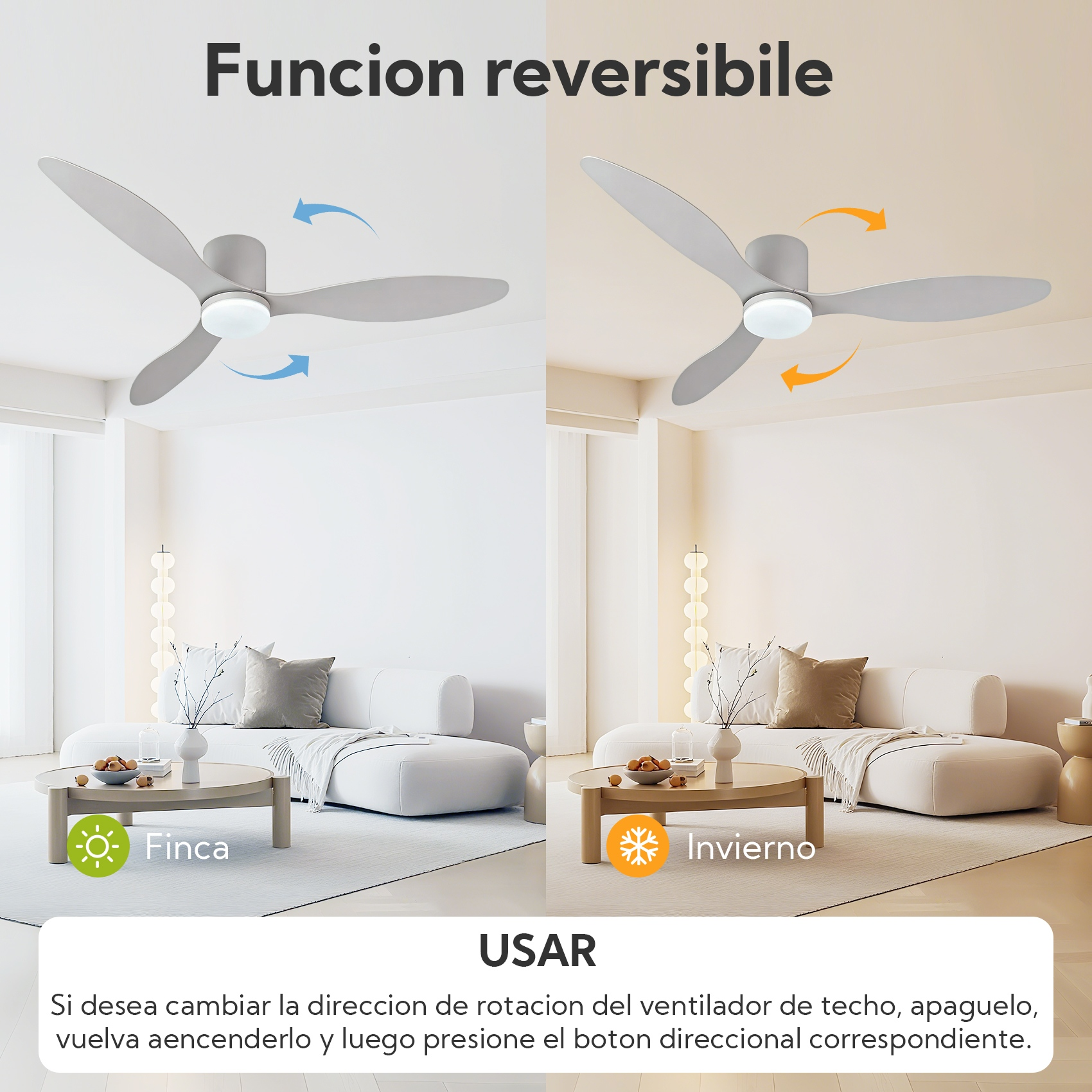 Ventilador de techo con dos modos: verano (enfría) e invierno (calienta).