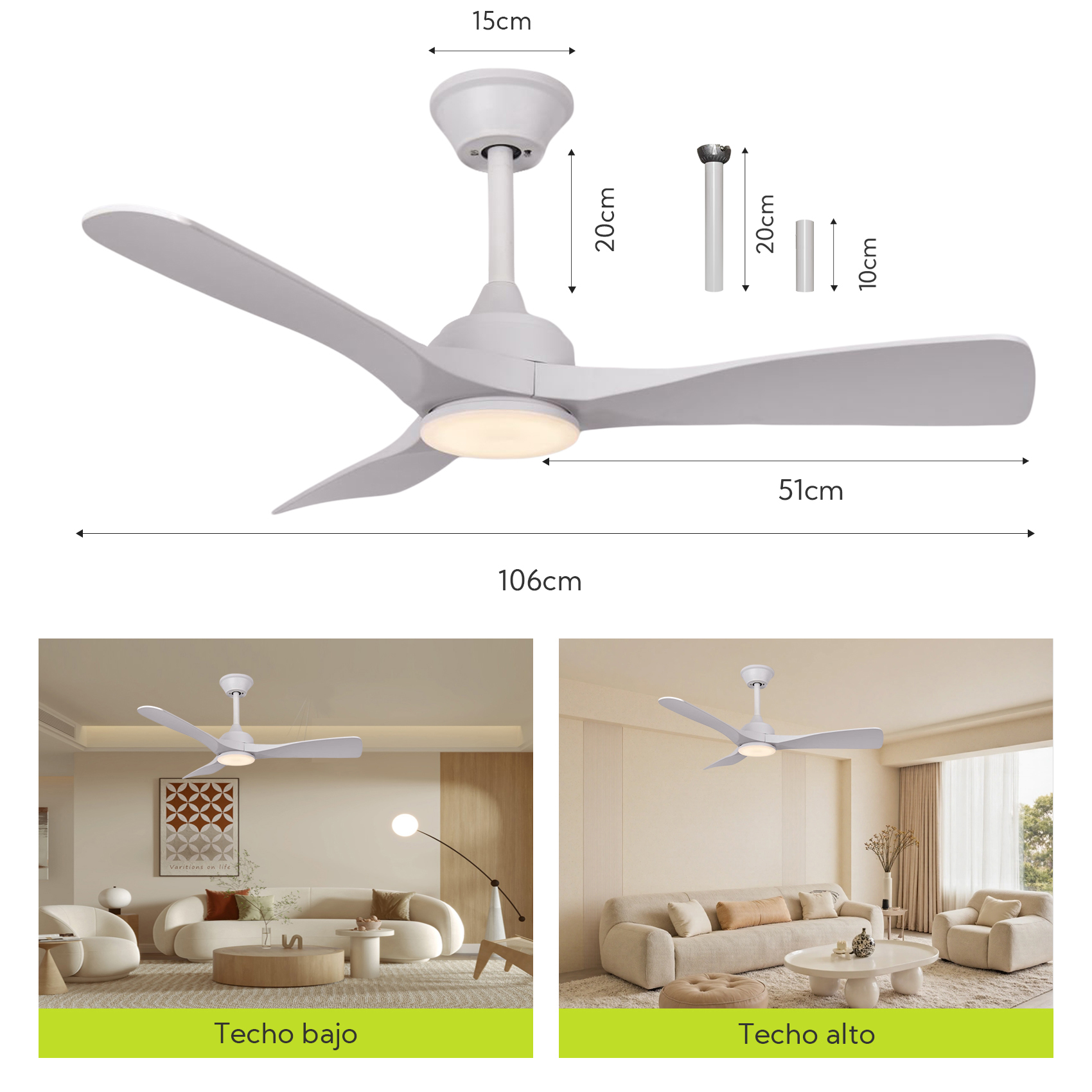 Un ventilador de techo blanco con luz, se muestran las dimensiones.