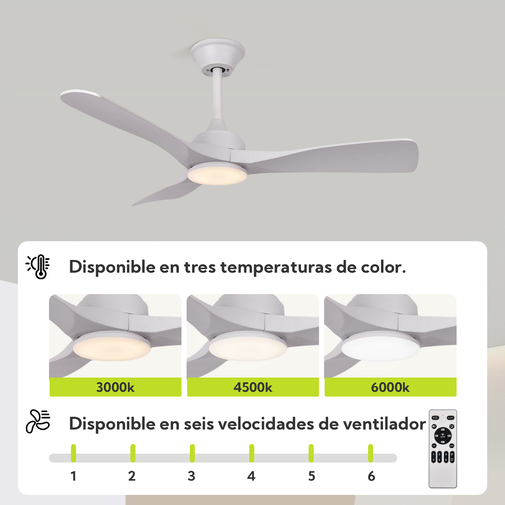 Se muestra un ventilador de techo blanco con luz en tres temperaturas de color y seis velocidades.