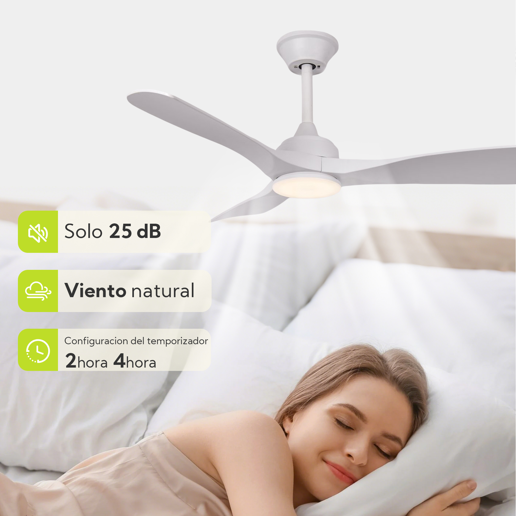 Ventilador de techo blanco con luz sobre una mujer durmiendo.