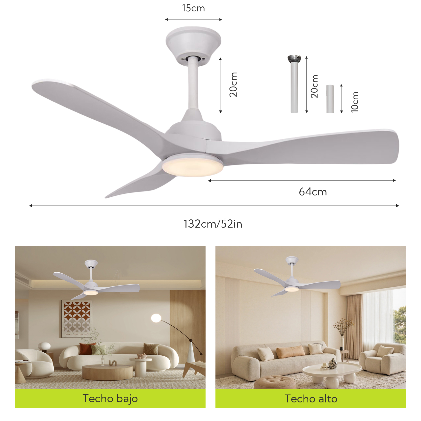 Ventilador de techo blanco con luz, con dimensiones y ejemplos de instalación.