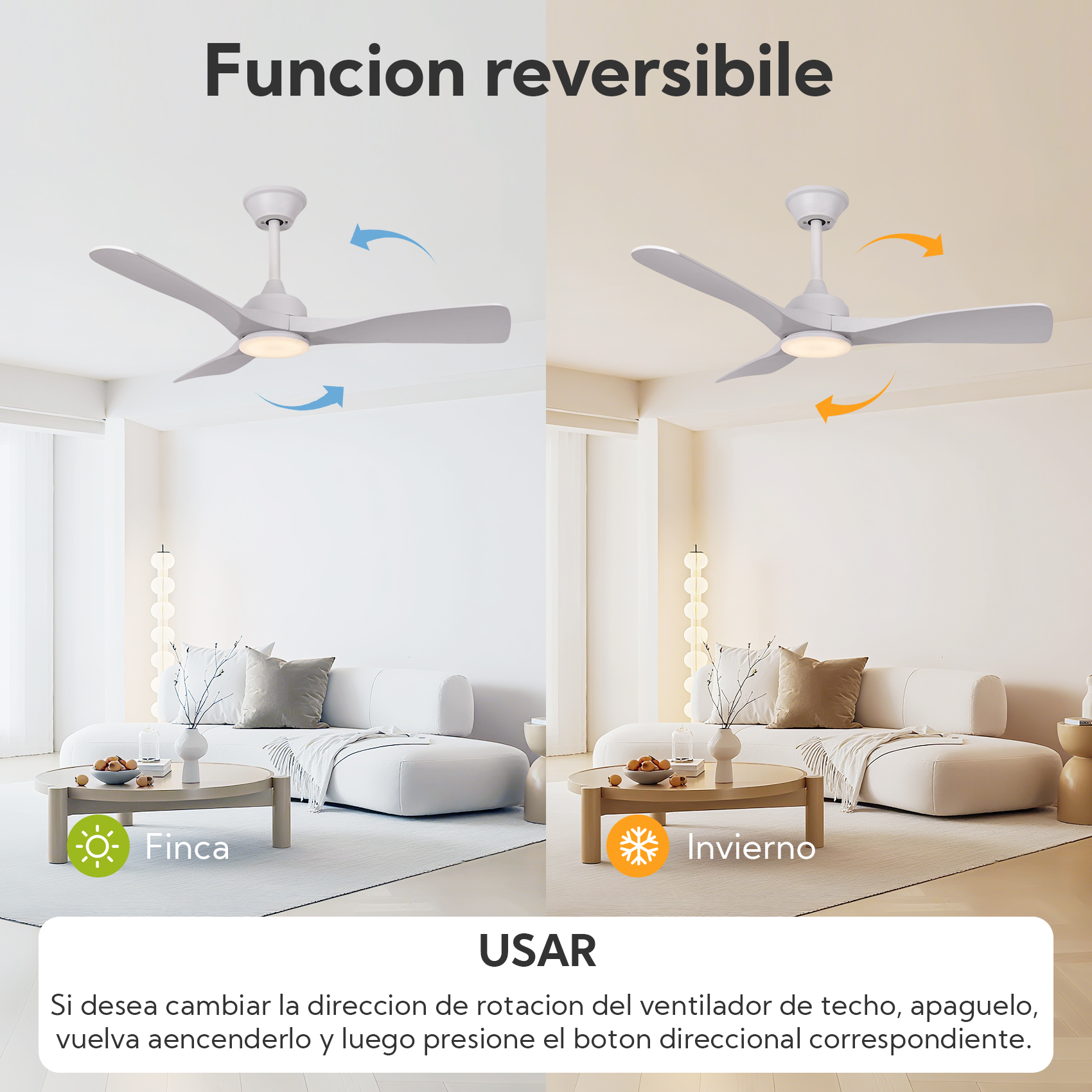Ventilador de techo con luz en sala, mostrando modos verano e invierno.