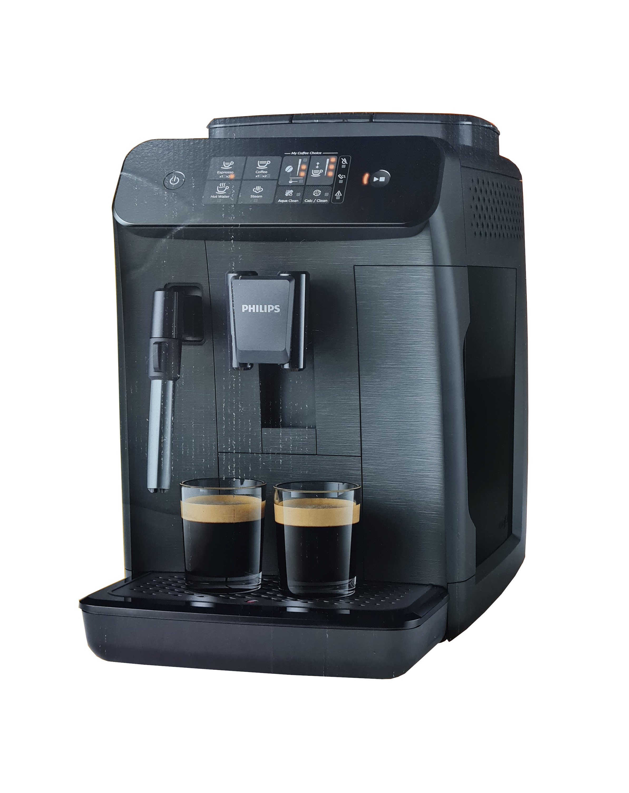 Una macchina da caffè Philips nera con due bicchieri di espresso sulla vaschetta raccogligocce.