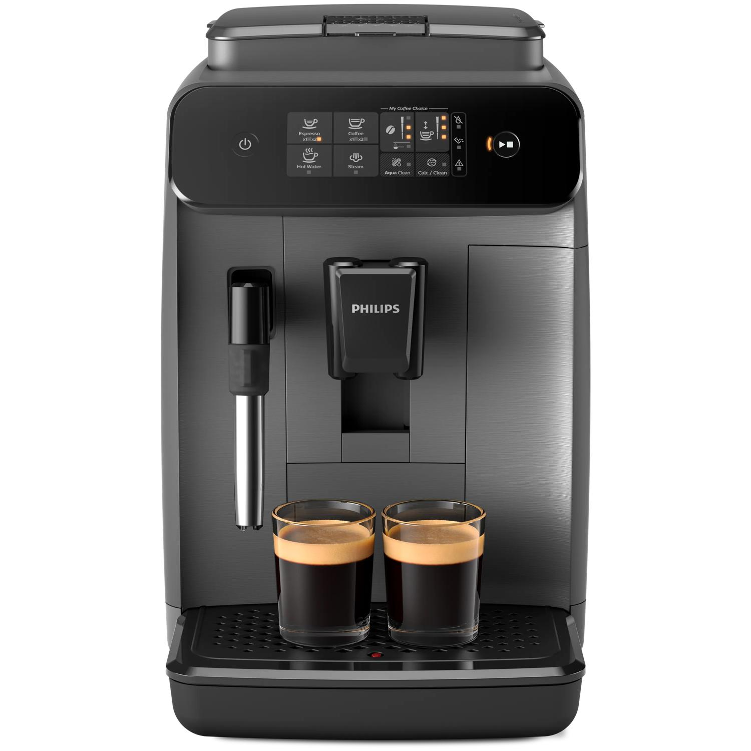 Una macchina da caffè Philips nera con due bicchieri di espresso.