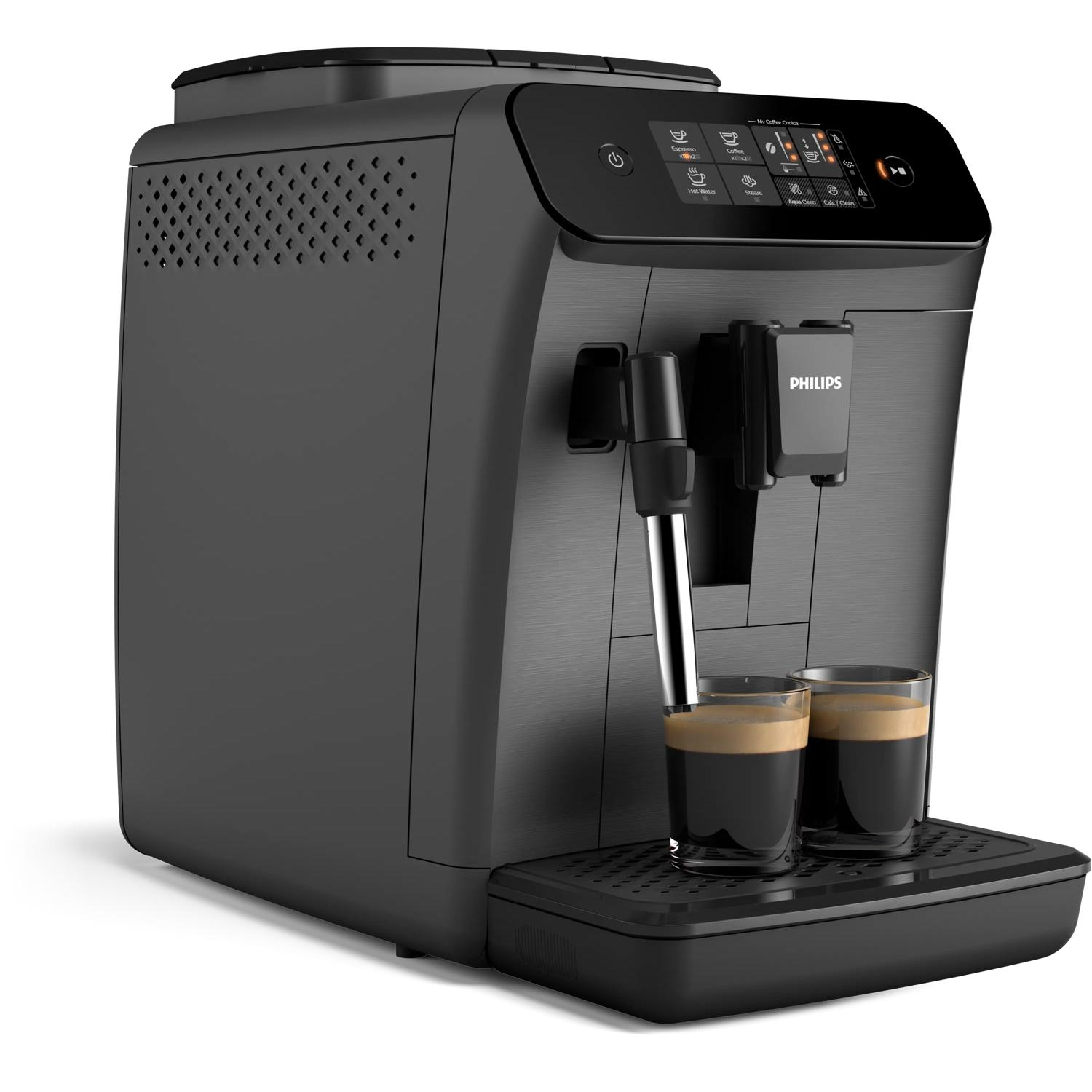 Macchina da caffè Philips nera con due bicchieri di espresso e schiuma.