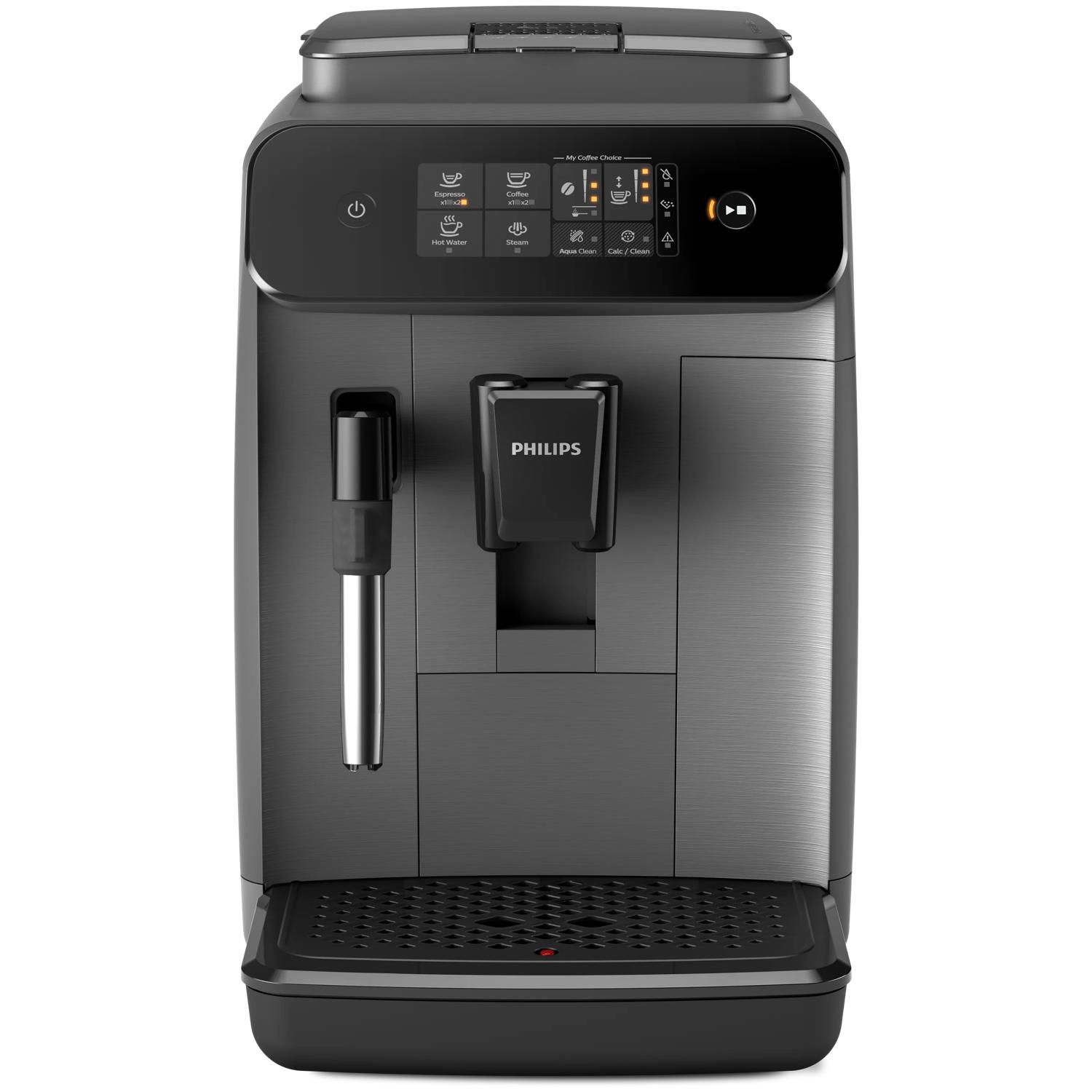 Macchina da caffè Philips grigia con pannello di controllo touch e montalatte.