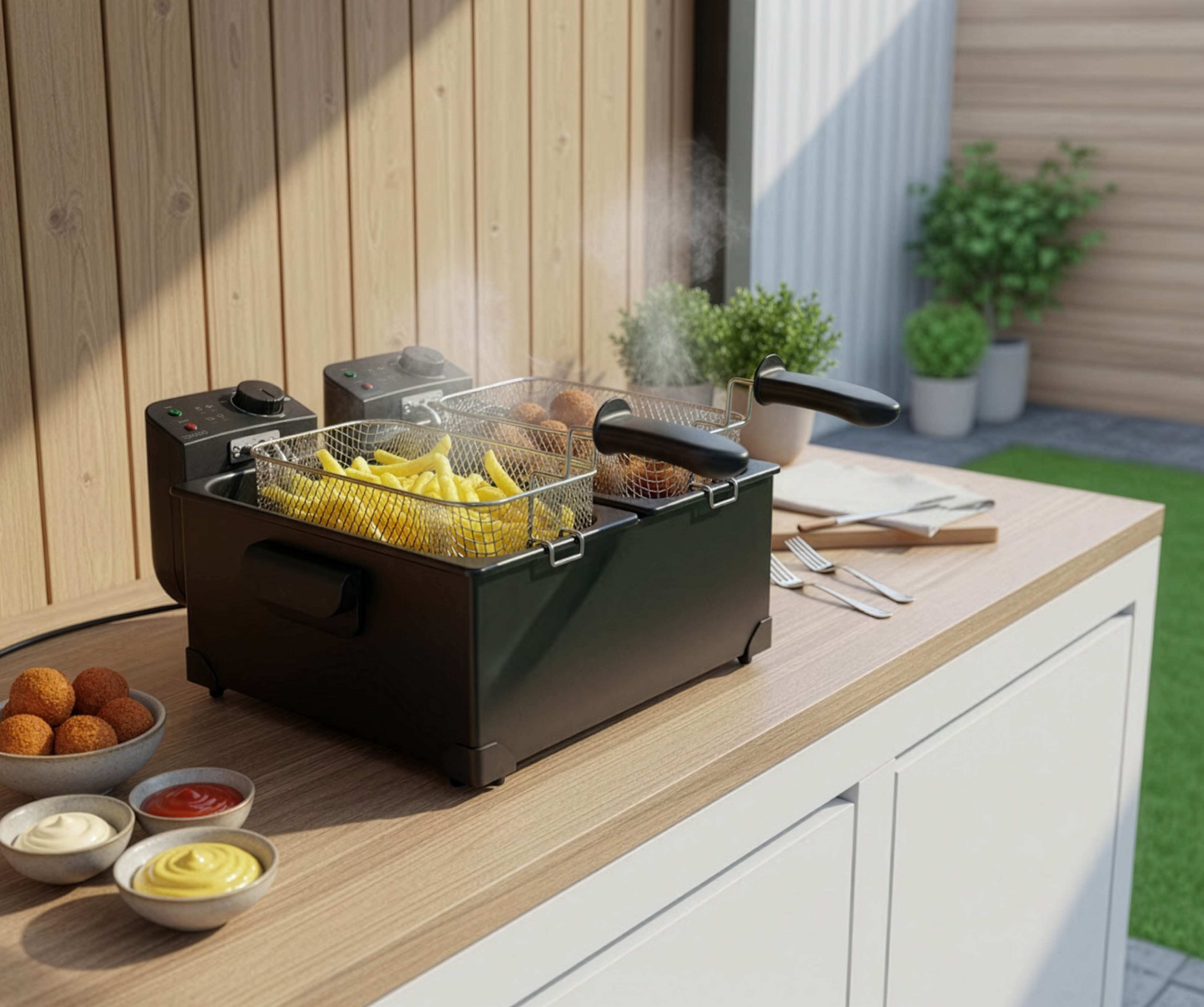 A deep fryer with french fries and croquettes on an outdoor table.
