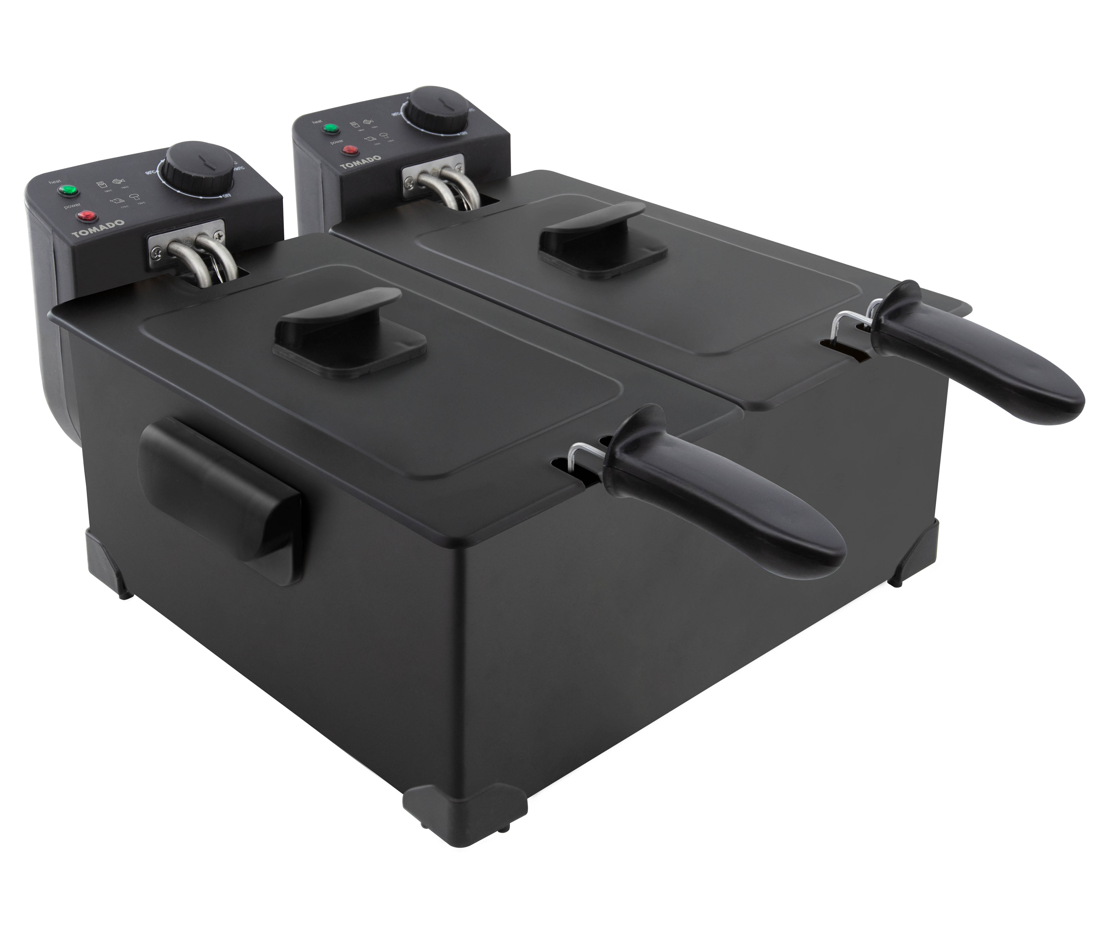 Black double deep fryer with two baskets and control knobs.
