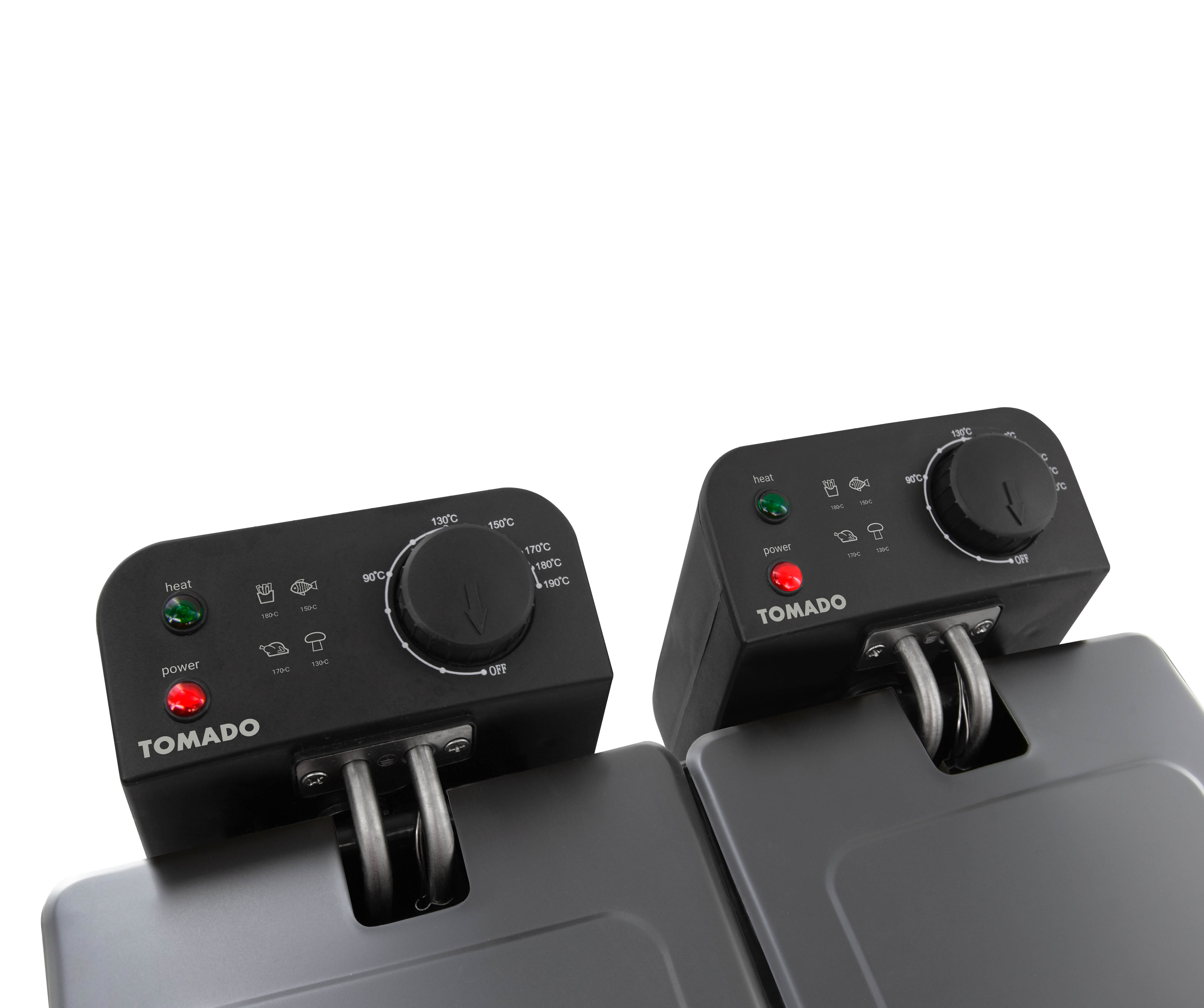 Two black fryer control panels with dial and indicator lights.
