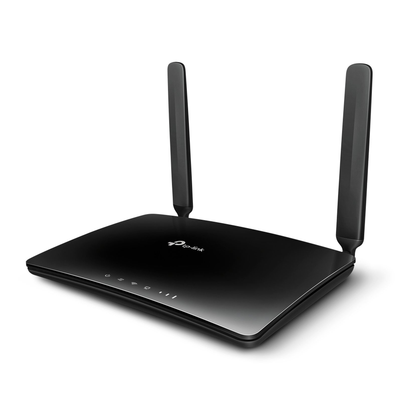 Schwarzer WLAN-Router mit zwei Antennen und TP-Link-Logo auf weißem Hintergrund.