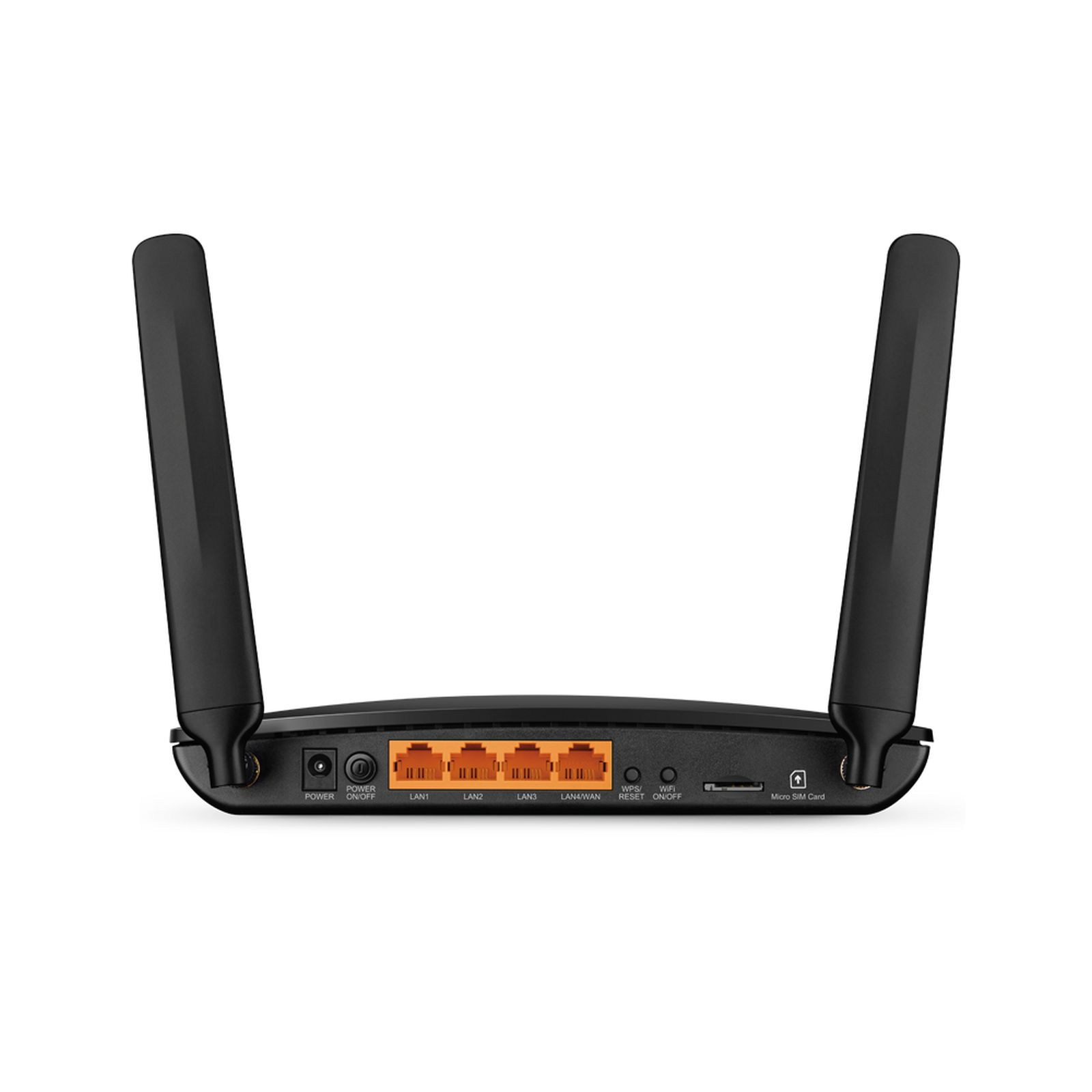 Ein schwarzer Router mit zwei Antennen. Anschlüsse: Power, LAN, WAN, Reset, SIM.