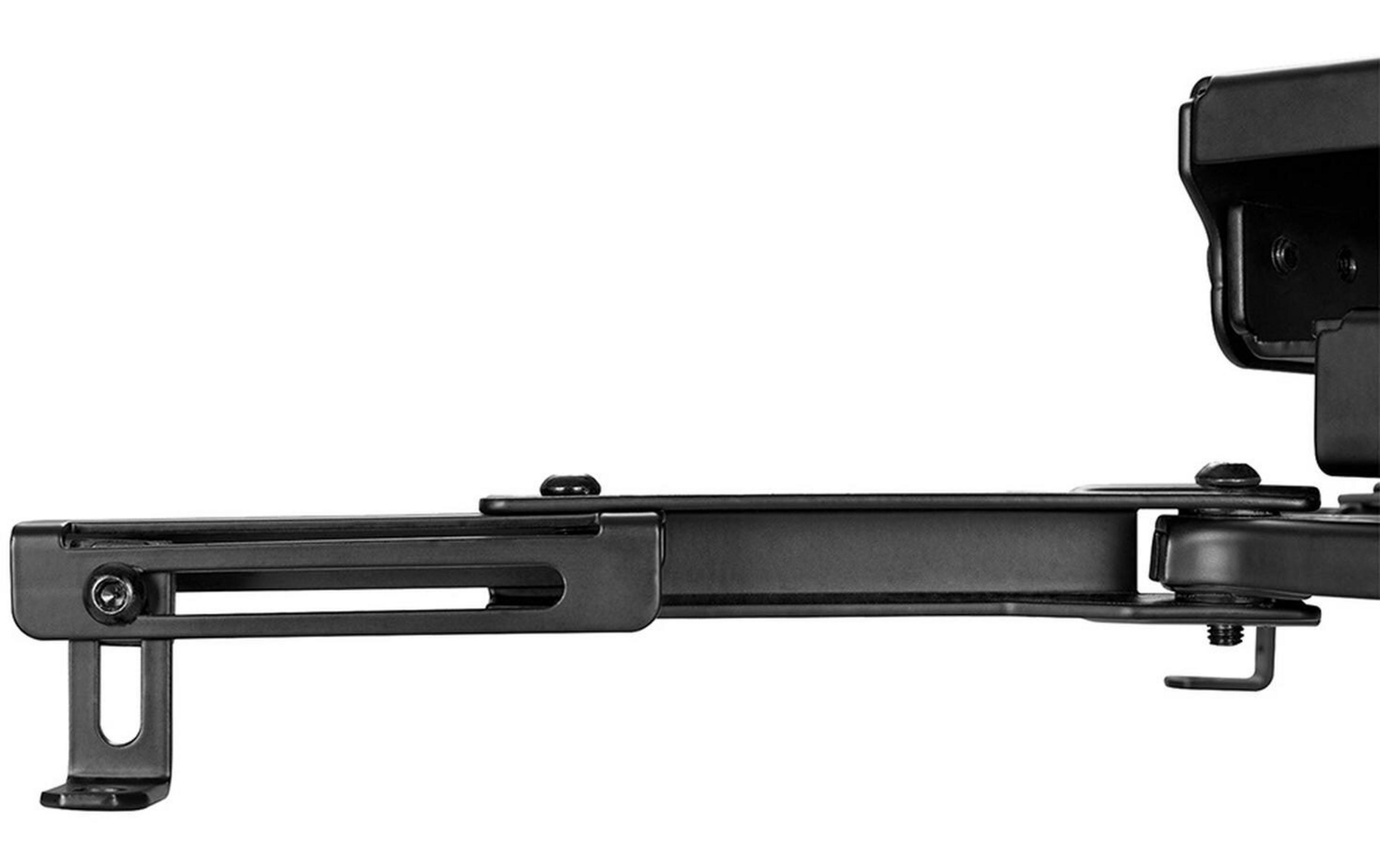 Black adjustable mounting arm with screws and joints.