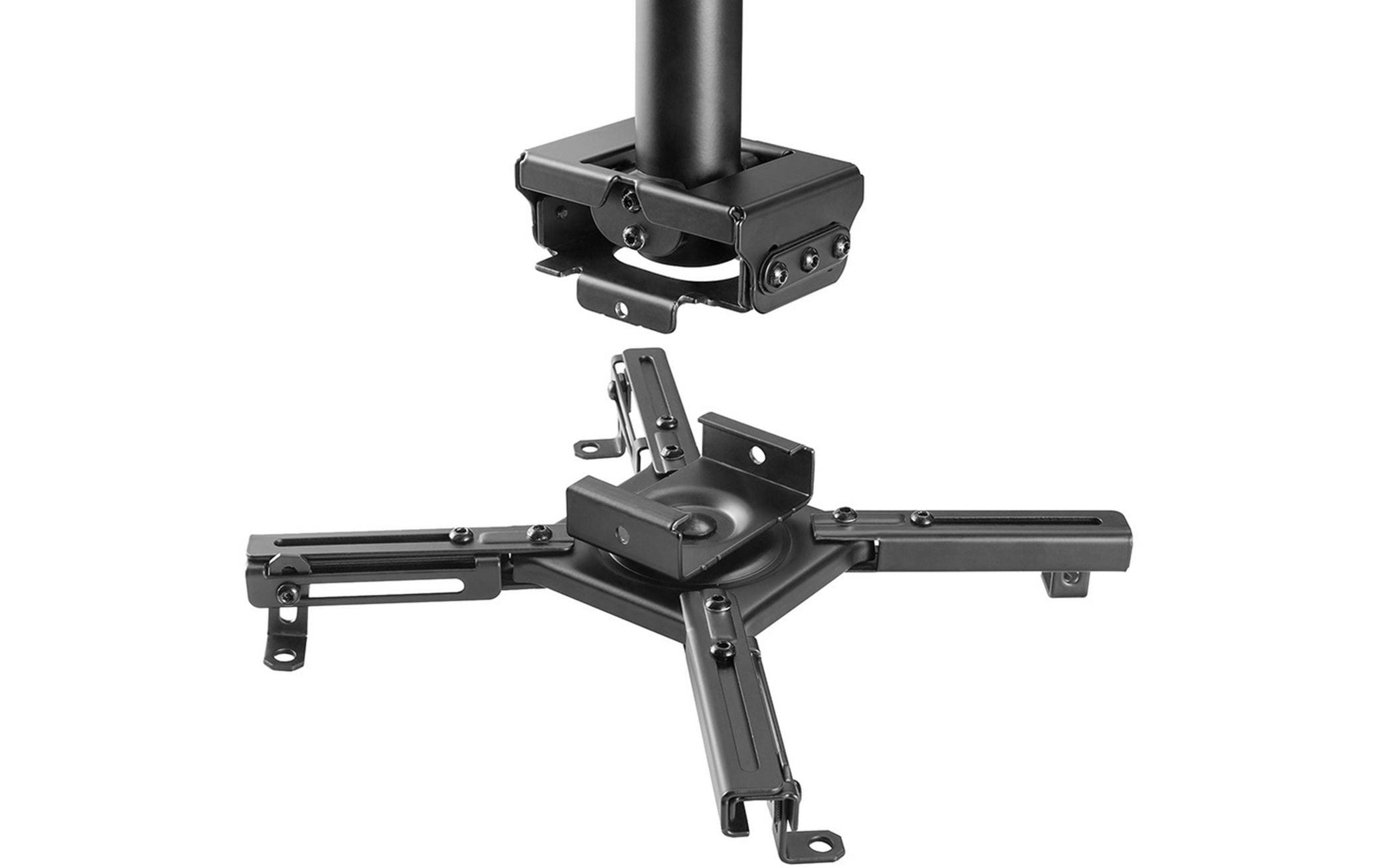 Black projector ceiling mount, two parts, with screws.