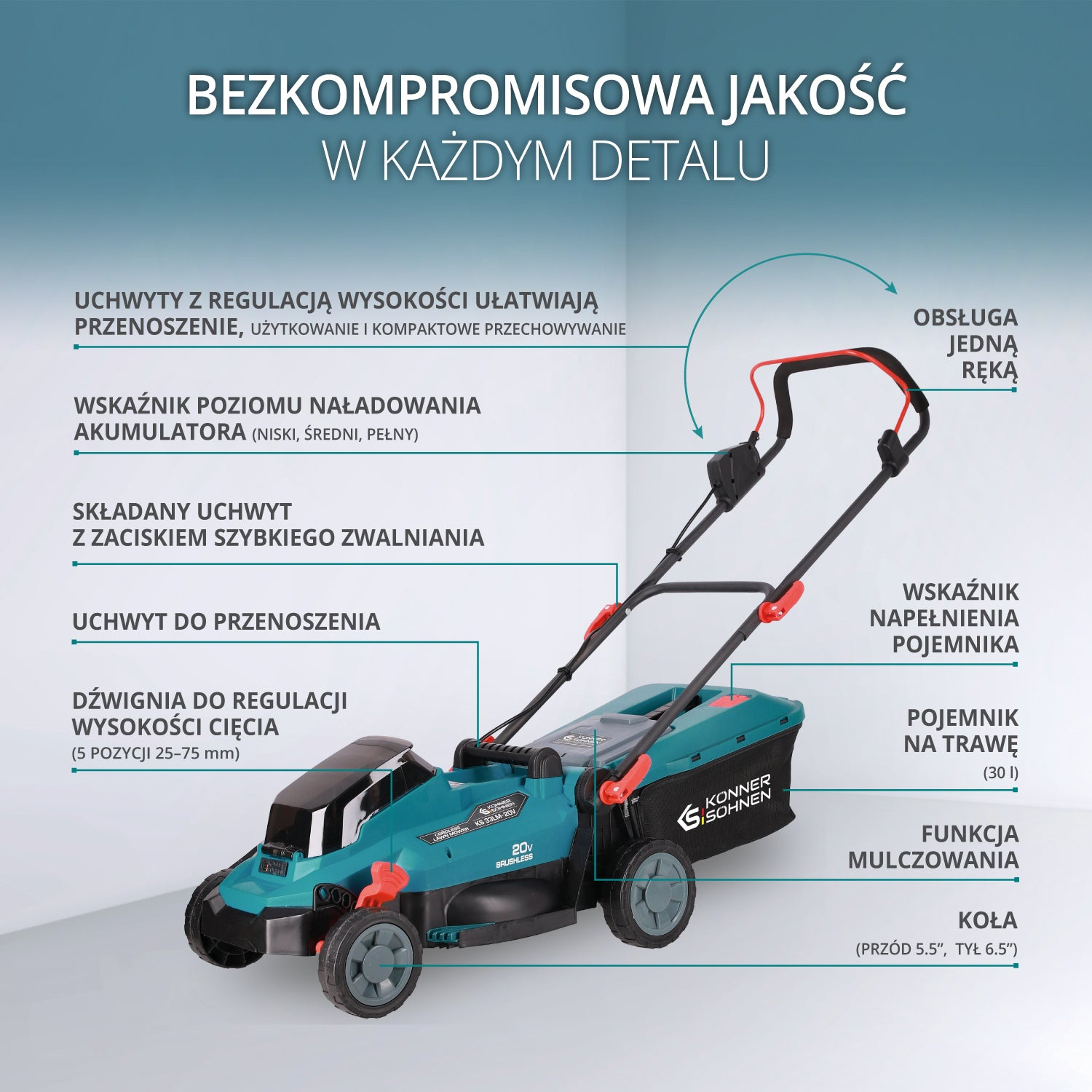 Turkusowo-czarna kosiarka z etykietami wyjaśniającymi funkcje, takie jak wysokość uchwytu i kosz na trawę.