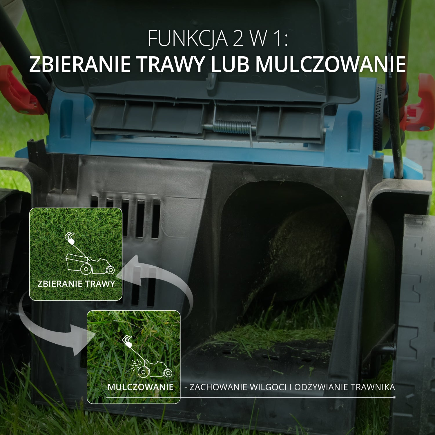 Kosiarka 2 funkcje: zbieranie trawy lub mulczowanie. Zbieranie trawy i mulczowanie z odżywianiem trawnika.