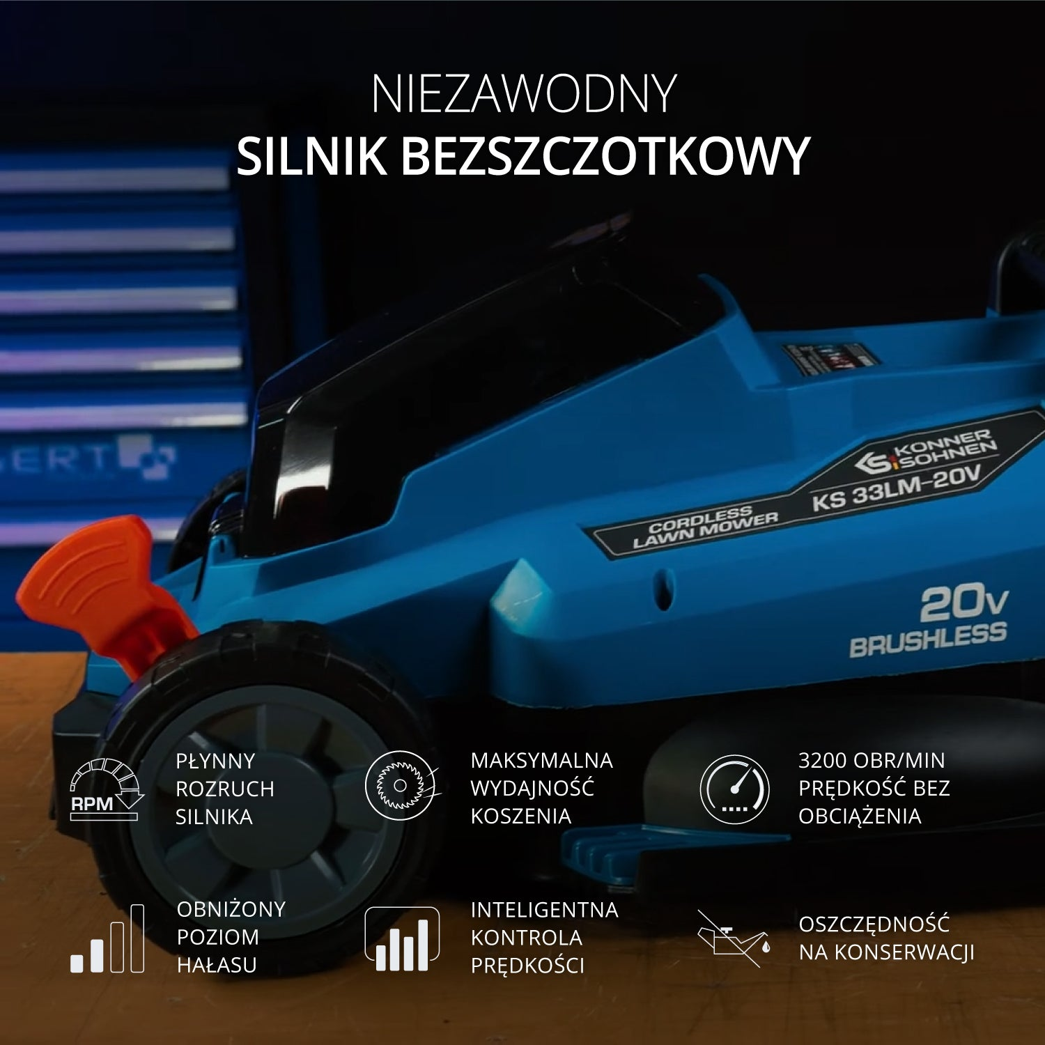 Niebieska kosiarka akumulatorowa z pomarańczowym uchwytem i danymi technicznymi.