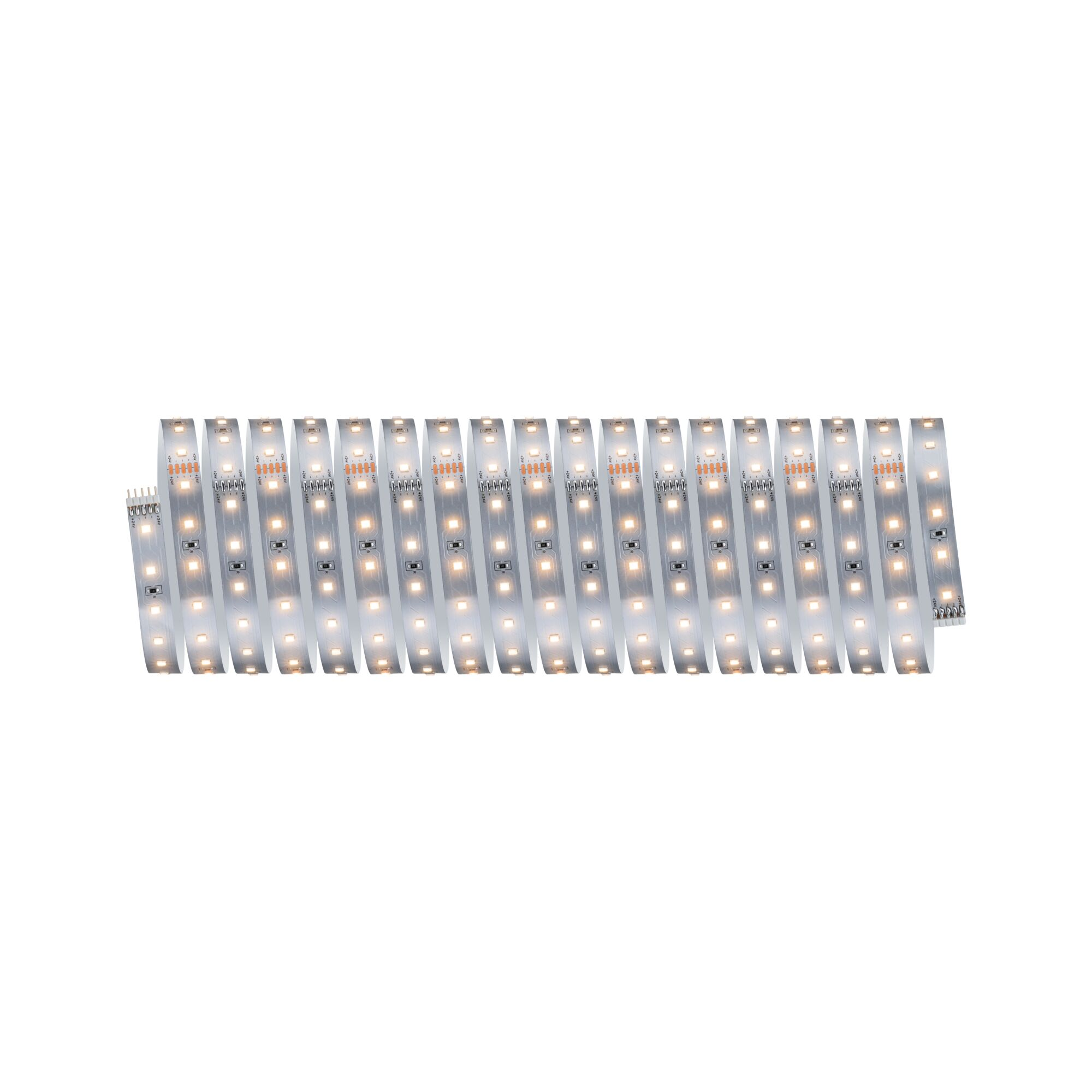 Eine lange LED-Streifenleiste mit vielen kleinen Lichtern und Anschlüssen.