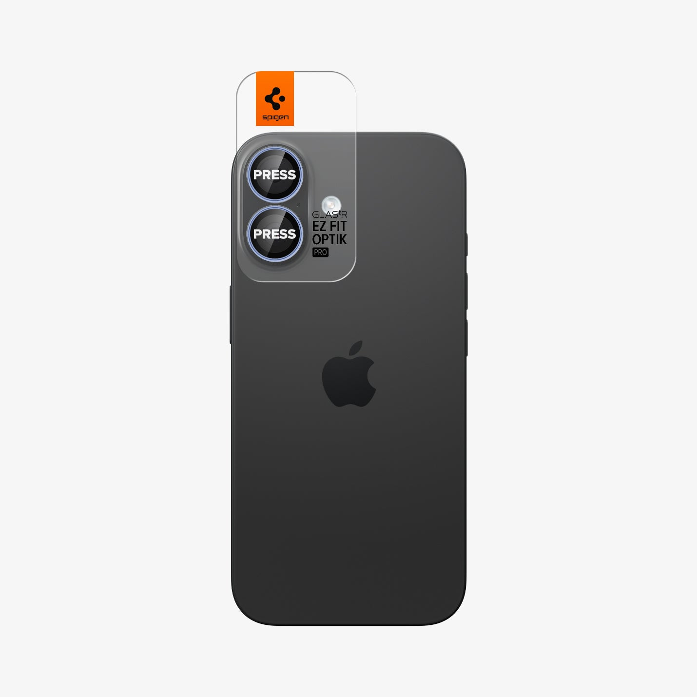 Protezione schermo Spigen con segni "PRESS" su iPhone nero.