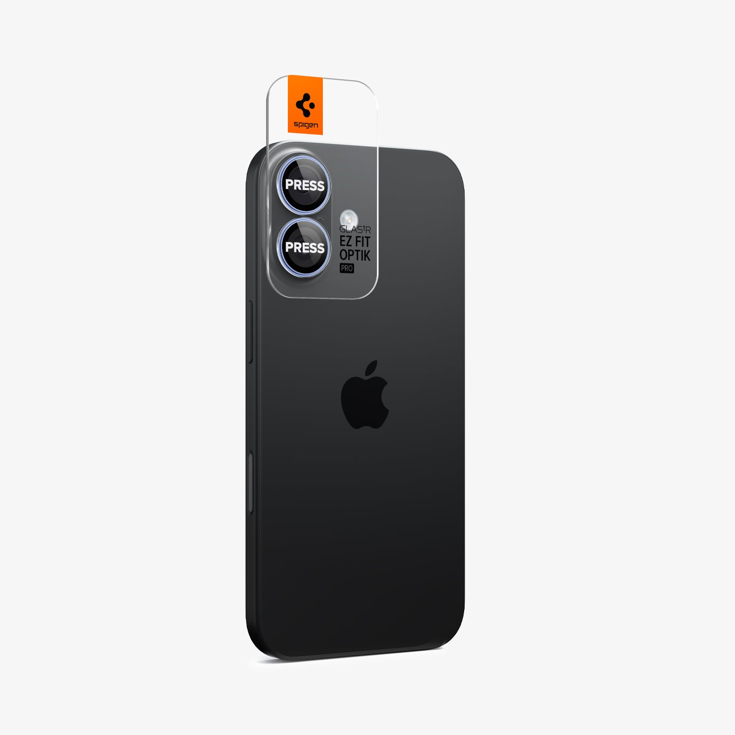 iPhone nero con protezione schermo Spigen e doppia lente. Testo: PRESS.