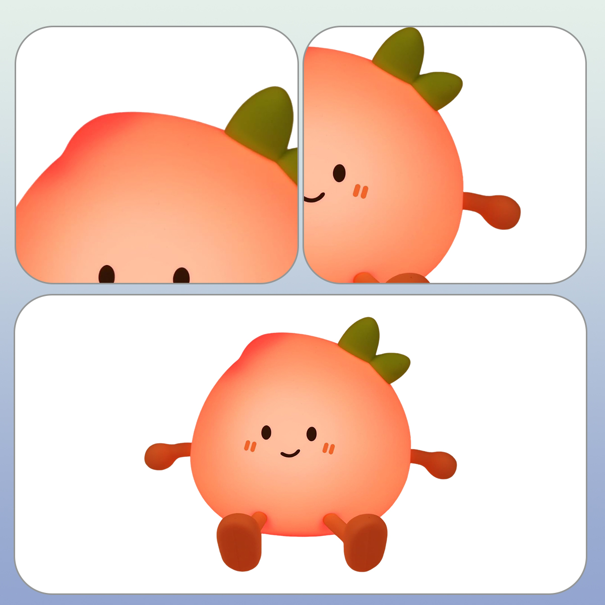 Drei Darstellungen einer orangefarbenen, süßen Fruchtfigur mit Armen, Beinen und einem Blatt.