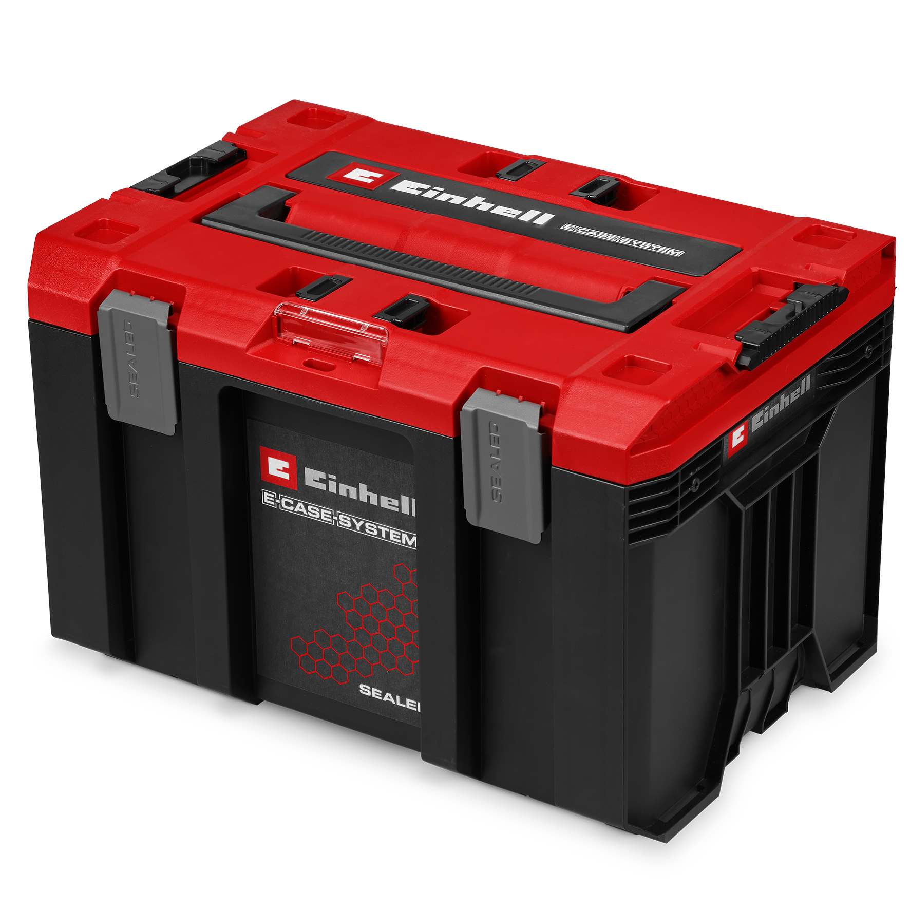Ein roter und schwarzer Werkzeugkasten mit Einhell-Logo und Griffen.
