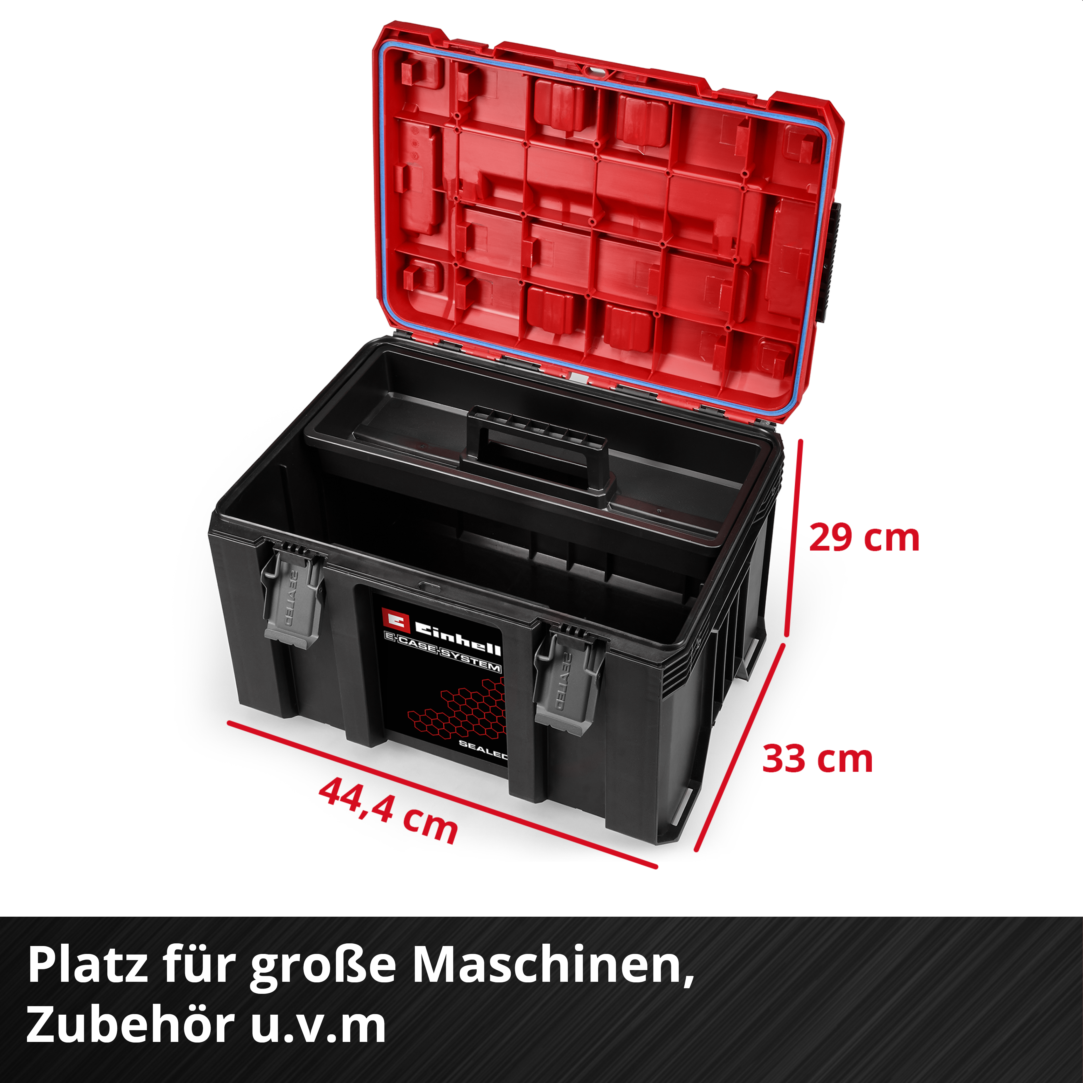 Offener schwarzer Werkzeugkasten mit rotem Deckel, Maße 44,4x33x29cm.