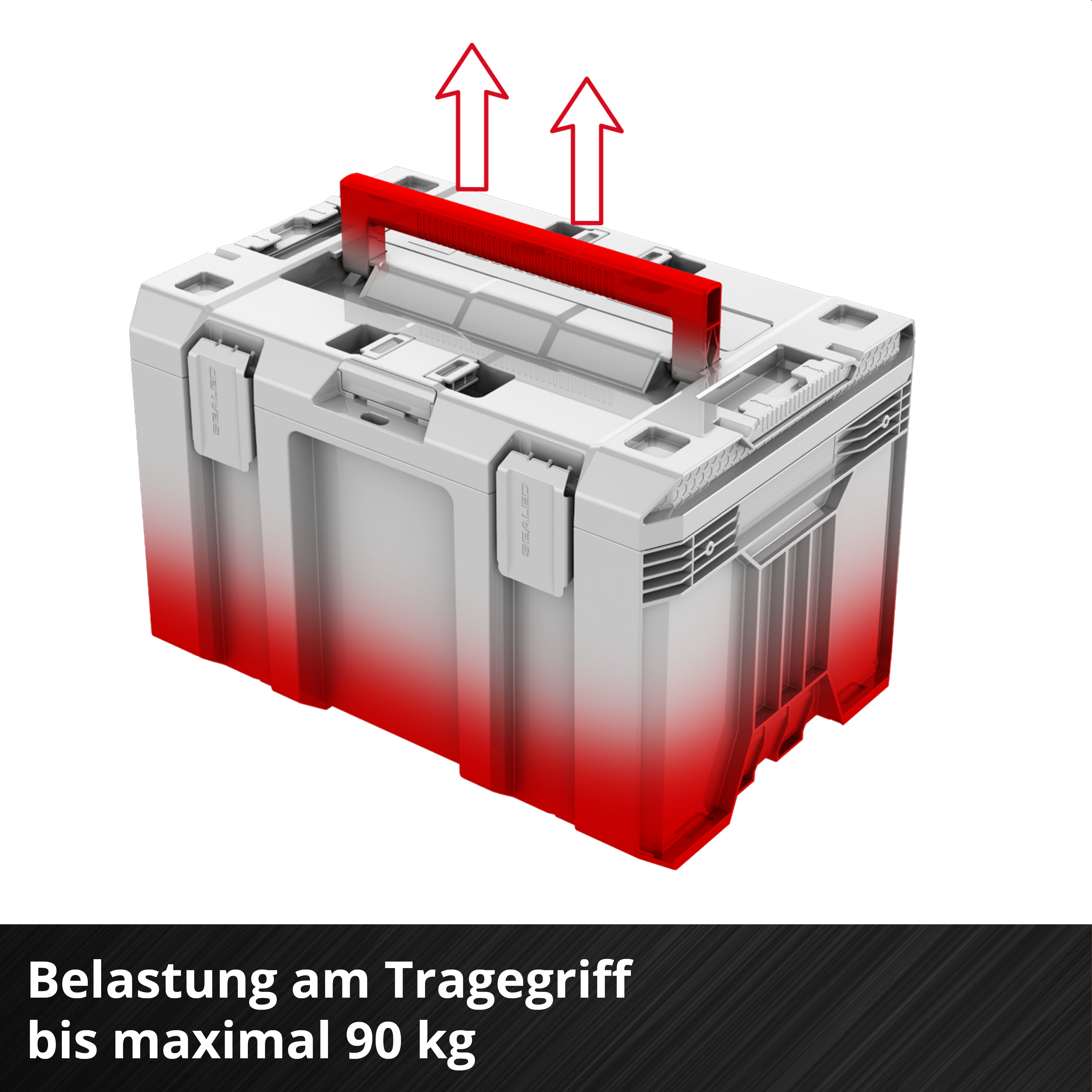 Weiße Werkzeugkiste mit rotem Griff, Belastbarkeit bis 90 kg.