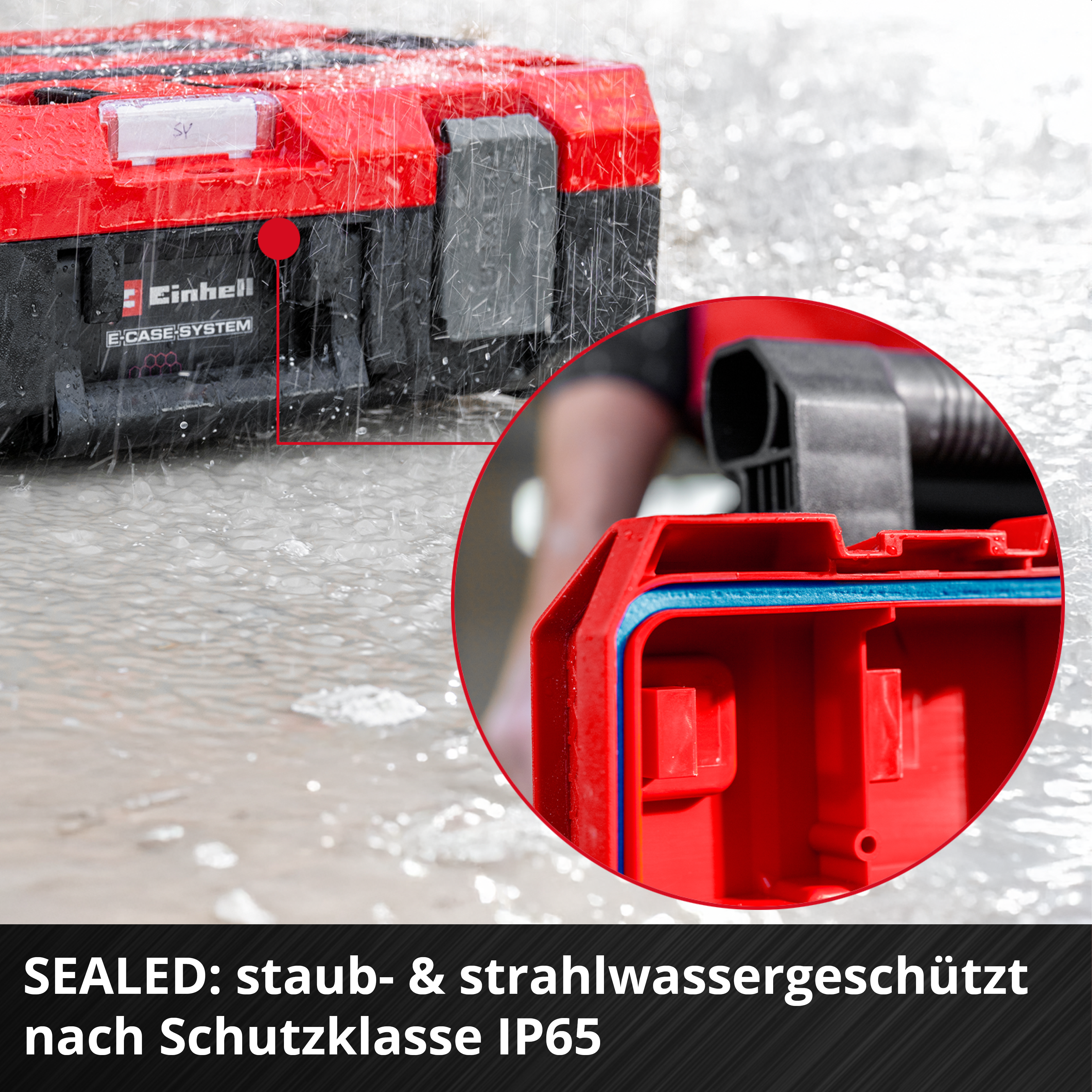 Roter und schwarzer Koffer mit "E-CASE-SYSTEM"-Aufdruck im Regen.